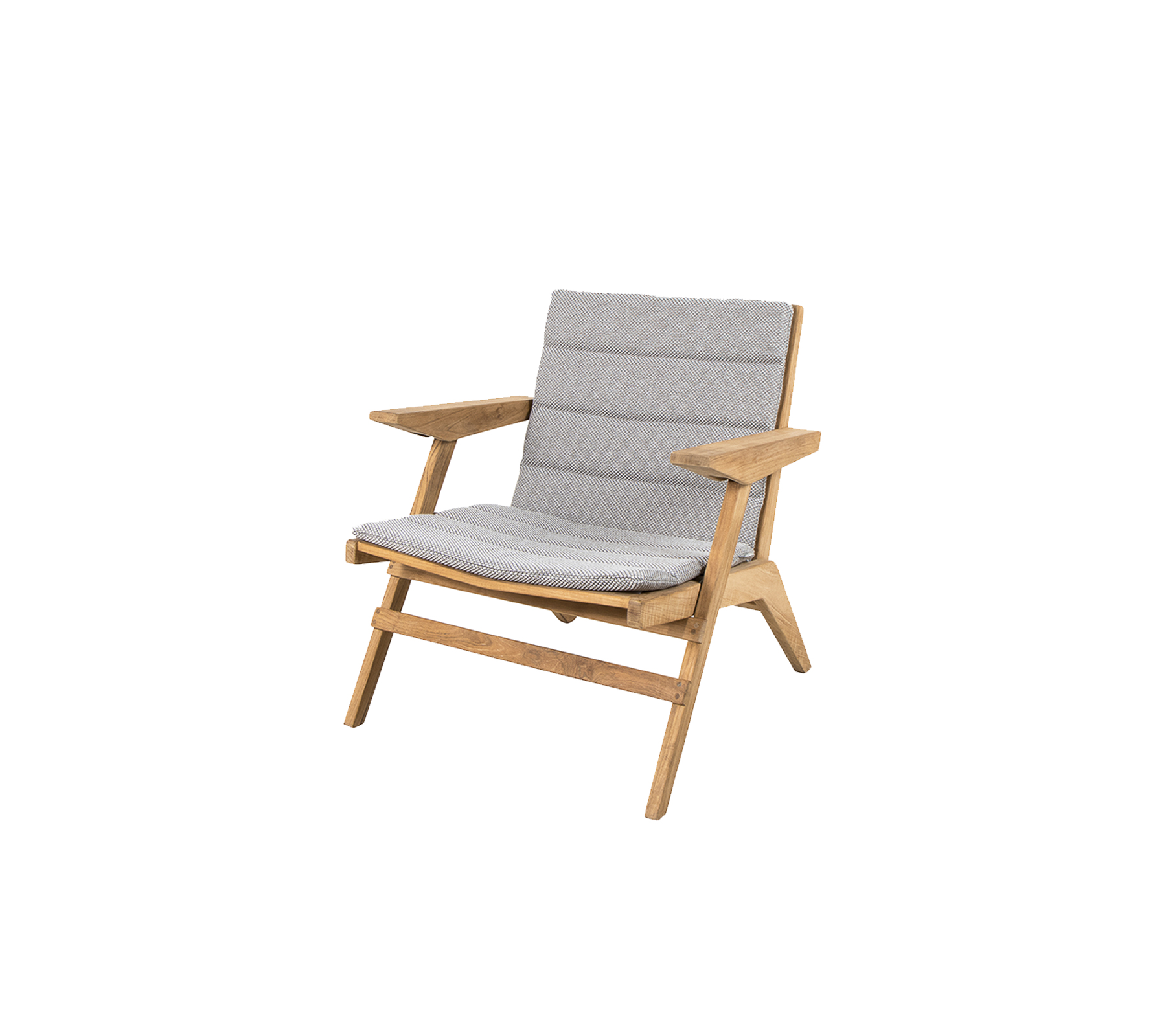 Fauteuil lounge élégant avec une structure en bois et des coussins gris doux, conçu pour le confort et l'esthétique moderne.