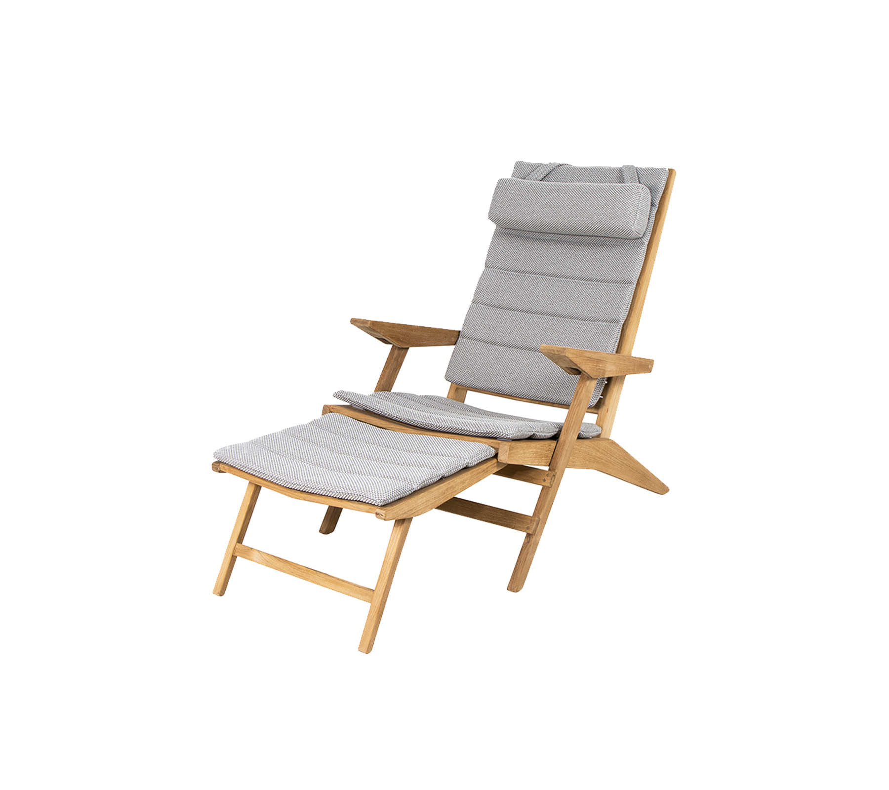 Une chaise en bois confortable avec un siège et un dossier rembourrés gris, présentant un design inclinable et un repose-pieds assorti.