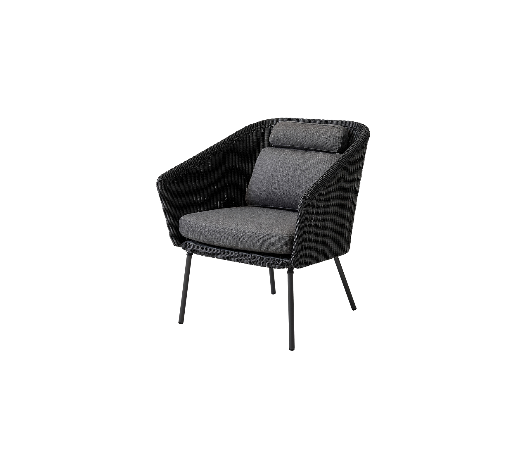 Chaise élégante avec un design tissé noir et des coussins grays confortables, parfaite pour se détendre.