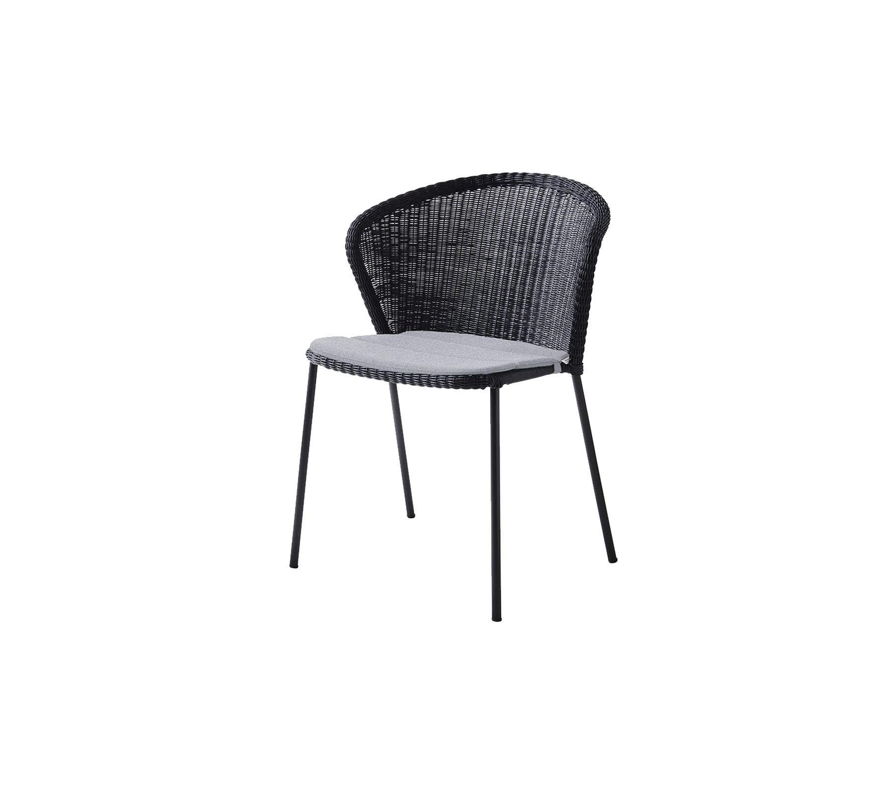 Chaise noire élégante avec un design tissé et un siège confortable de couleur claire. Idéale pour une décoration moderne et un siège décontracté.