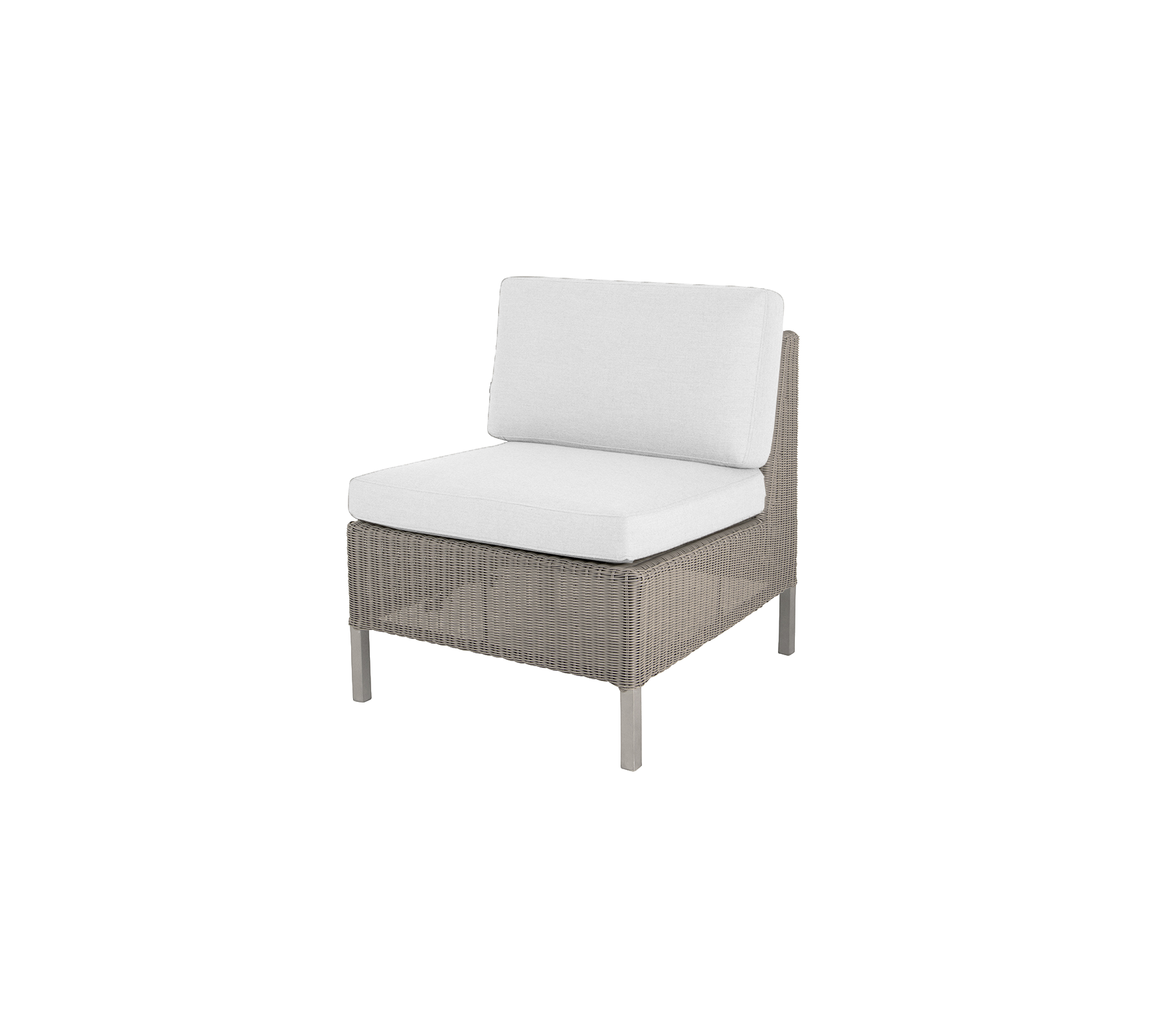 Chaise élégante avec une texture tissée et de moelleux coussins blancs, parfaite pour la détente et la décoration moderne.