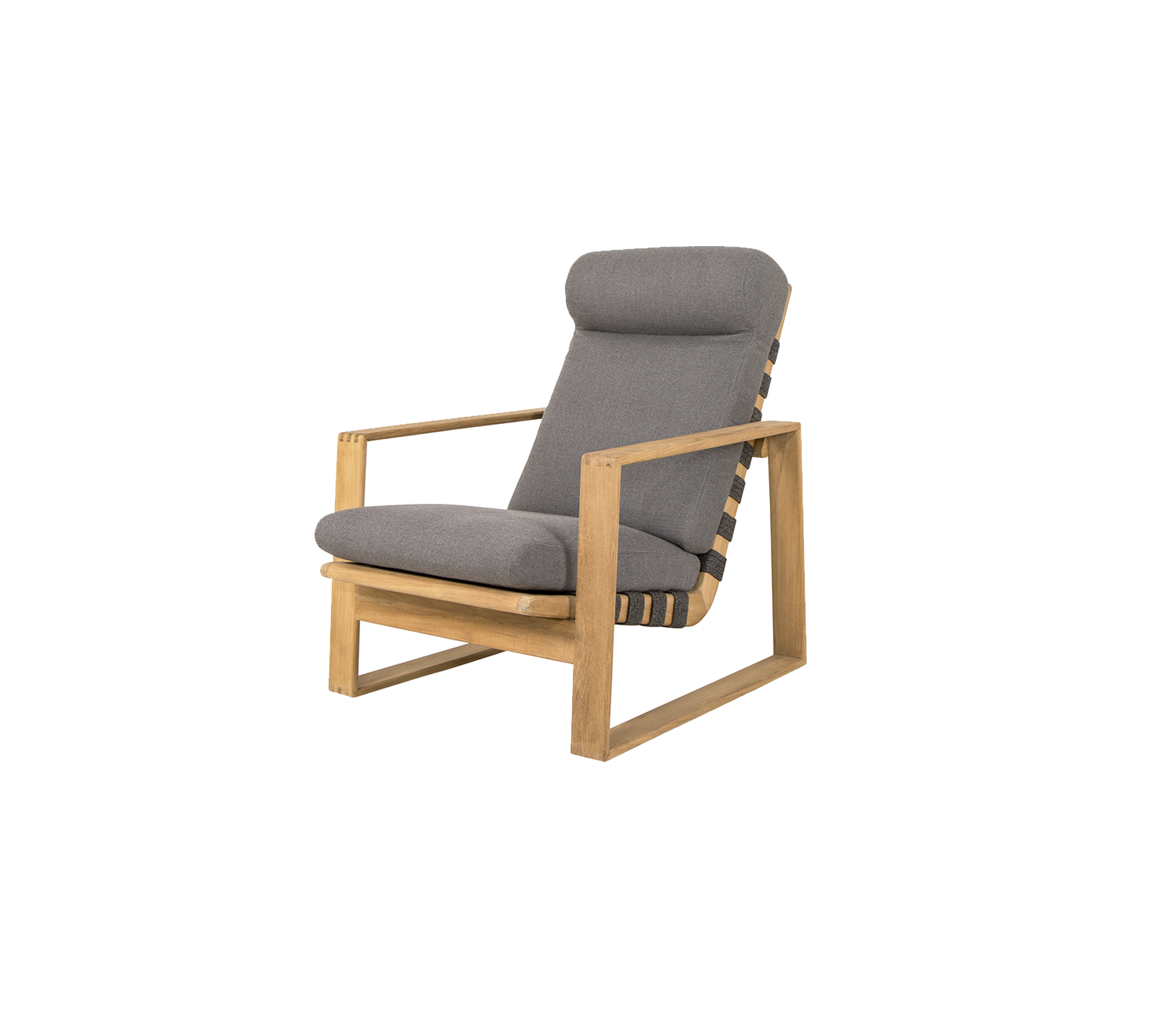 Chaise élégante avec une structure en bois et des coussins gris confortables, parfaite pour se détendre et pour une décoration moderne.