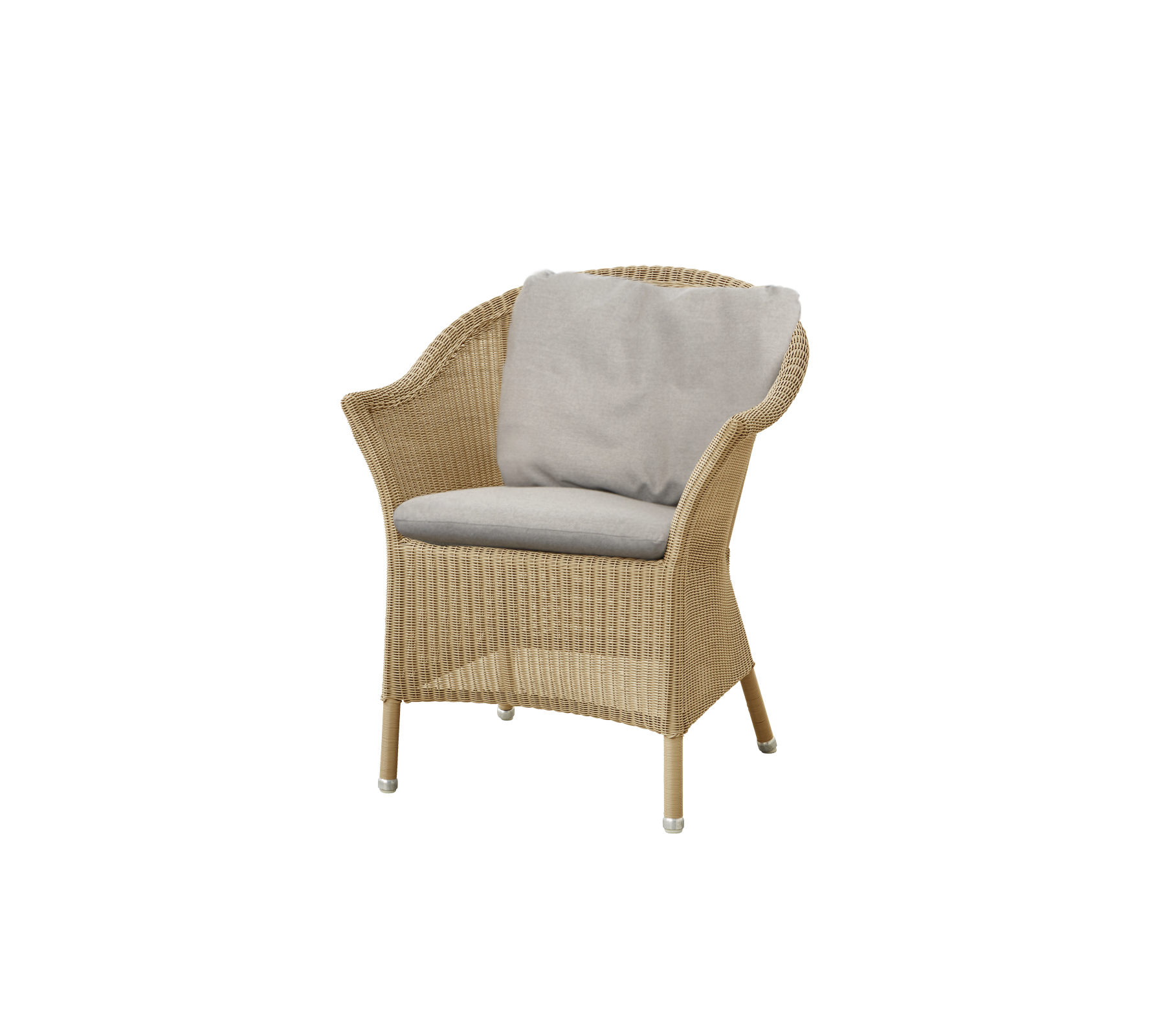 Chaise tissée avec un coussin gris confortable, offrant un design élégant et léger adapté à une assise décontractée.