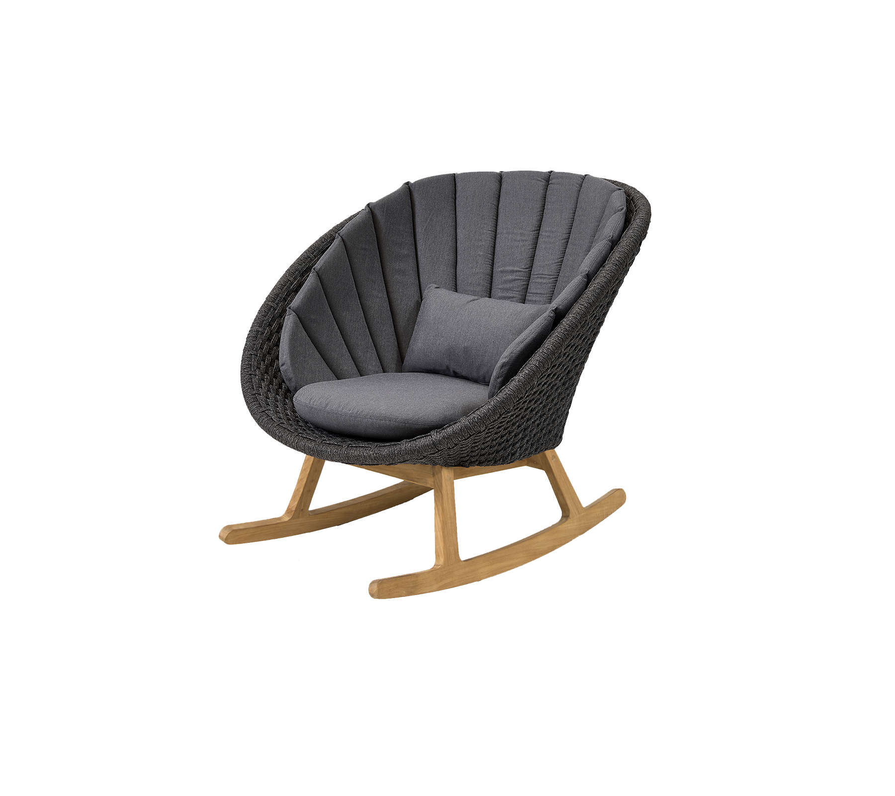 Fauteuil à bascule élégant avec un design courbé, doté d'un coussin gris confortable et d'une base en bois naturel pour une touche moderne.