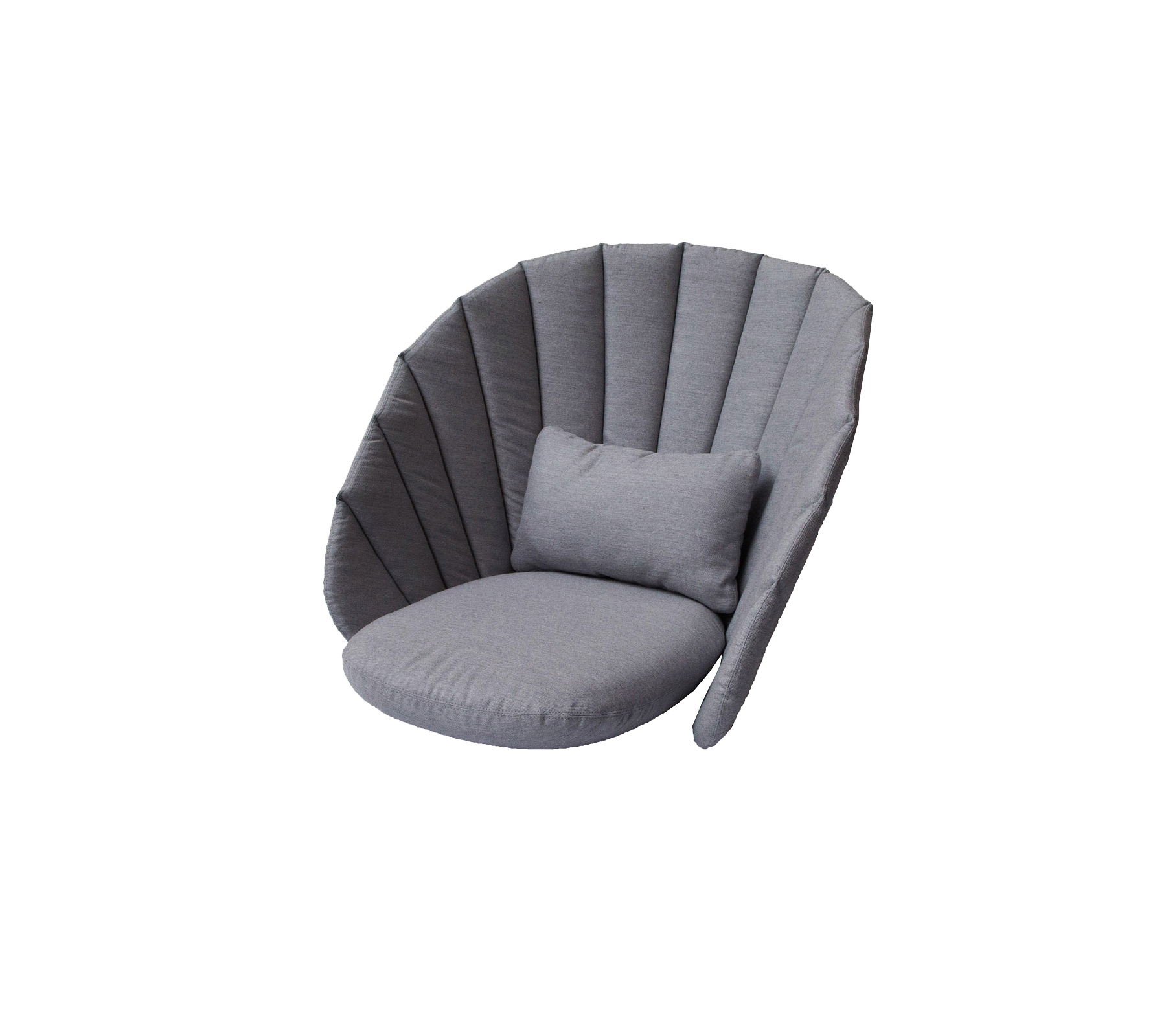 Fauteuil lounge gris élégant avec un design arrondi et un coussin moelleux, offrant une option d'assise confortable.