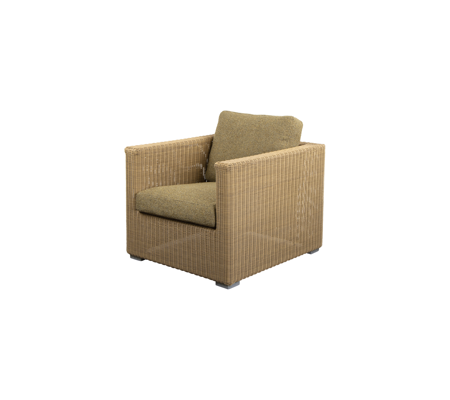 Une chaise moderne et confortable avec une texture tissée et un coussin vert doux, parfaite pour la détente et le style.
