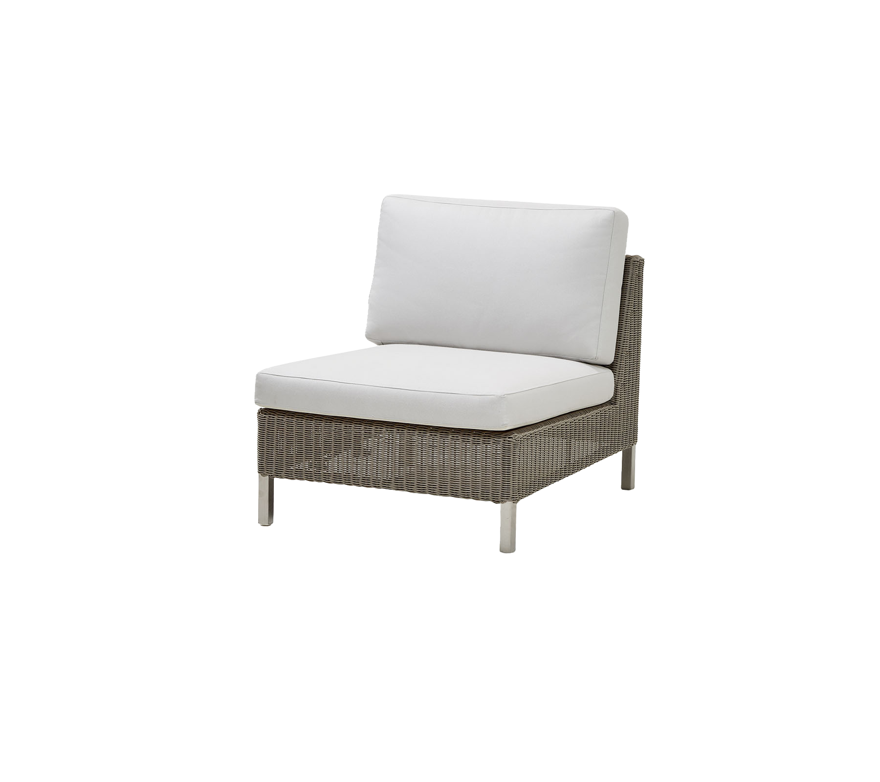 Chaise moderne avec une base tissée et un coussin blanc confortable, idéale pour la détente et le style.
