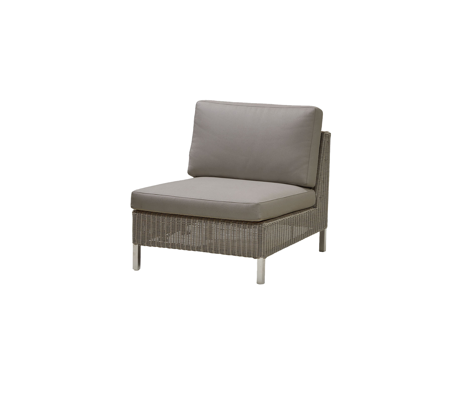 Chaise unique élégante avec une base tissée et un coussin gris moelleux, parfaite pour la détente et la décoration moderne.