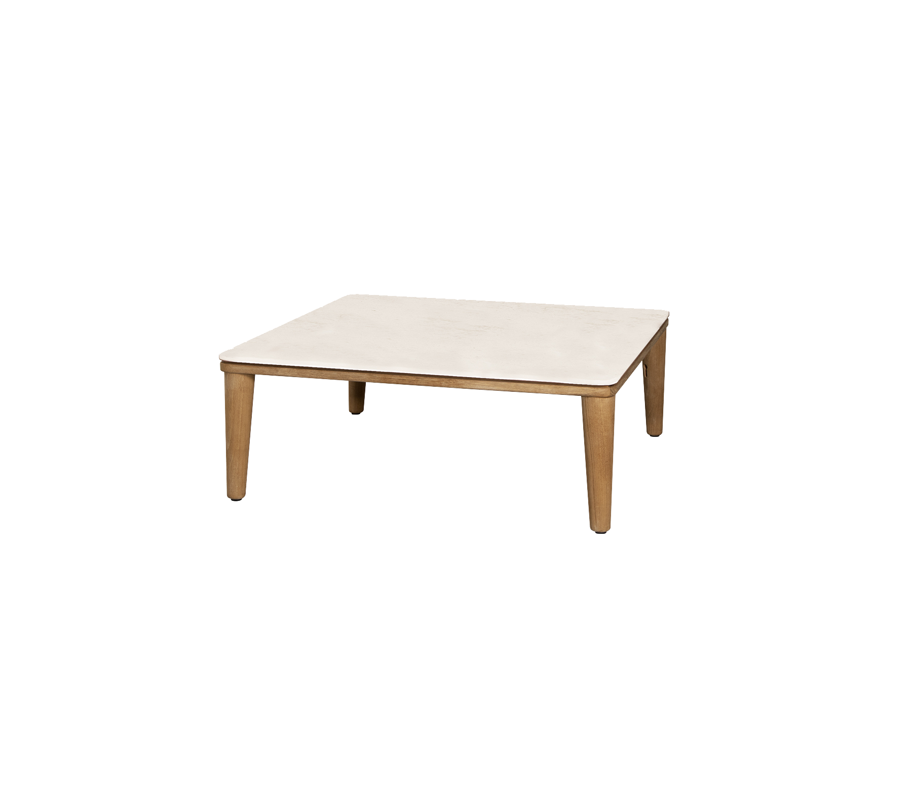 Table carrée avec un plateau clair et des pieds en bois, offrant un design minimaliste adapté à divers environnements.
