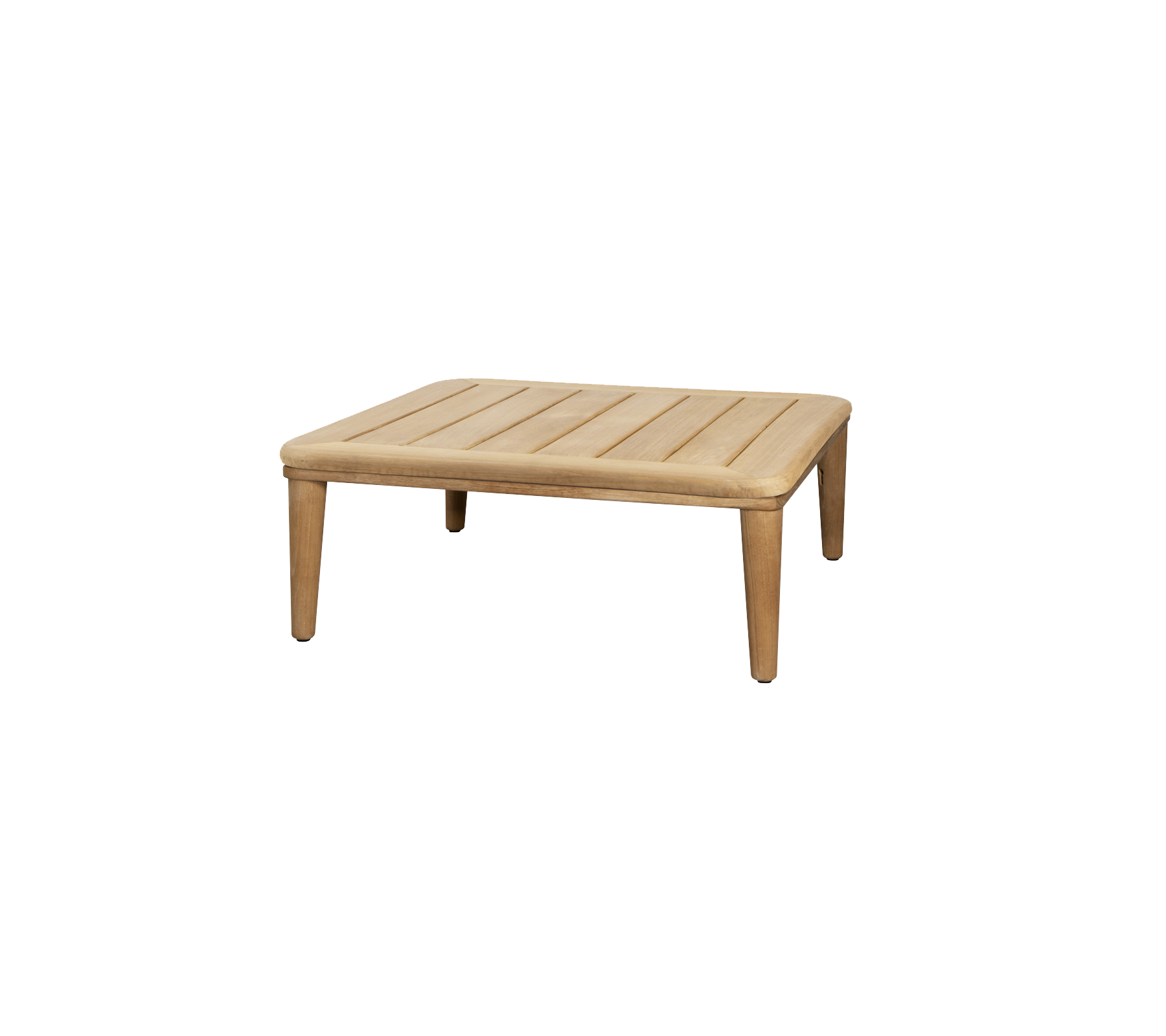 Table en bois carrée avec un plateau à lattes et quatre pieds solides, conçue pour une utilisation polyvalente dans divers contextes.