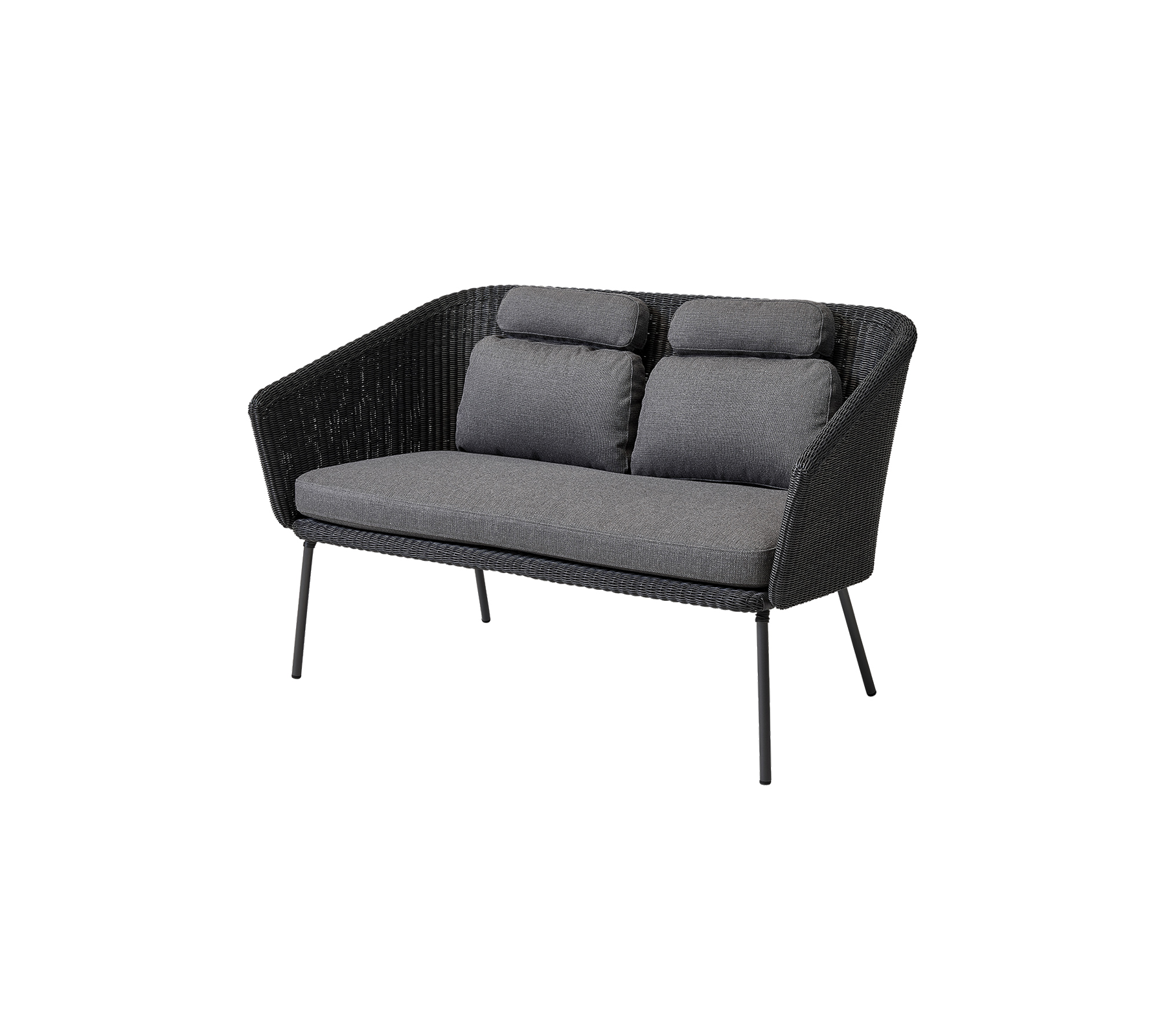 Canapé élégant deux places avec un design tissé et des coussins gris doux, parfait pour une décoration moderne.