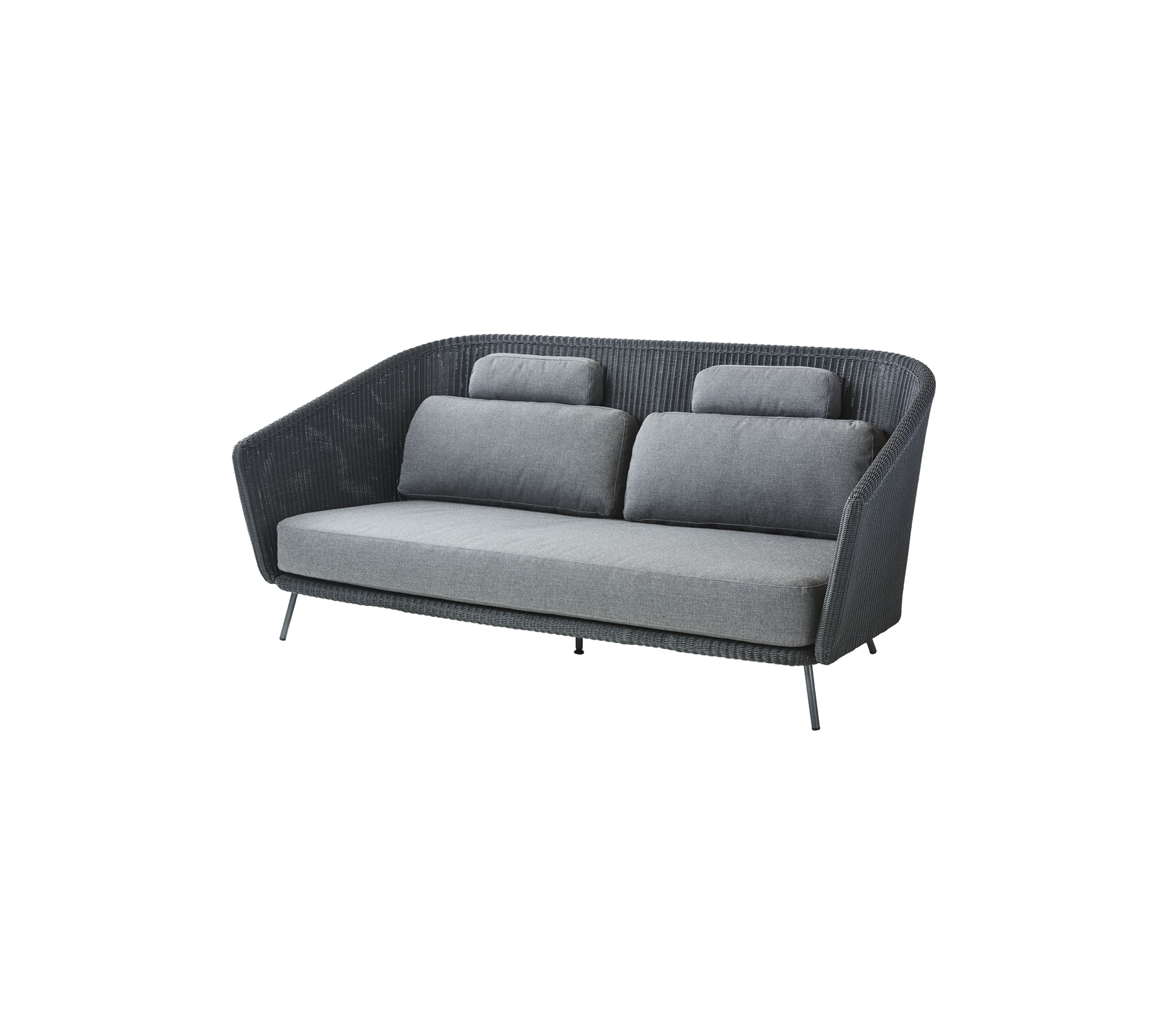 Canapé gris bicolore élégant avec des coussins en peluche et une forme moderne et courbée, parfait pour les espaces de vie contemporains.