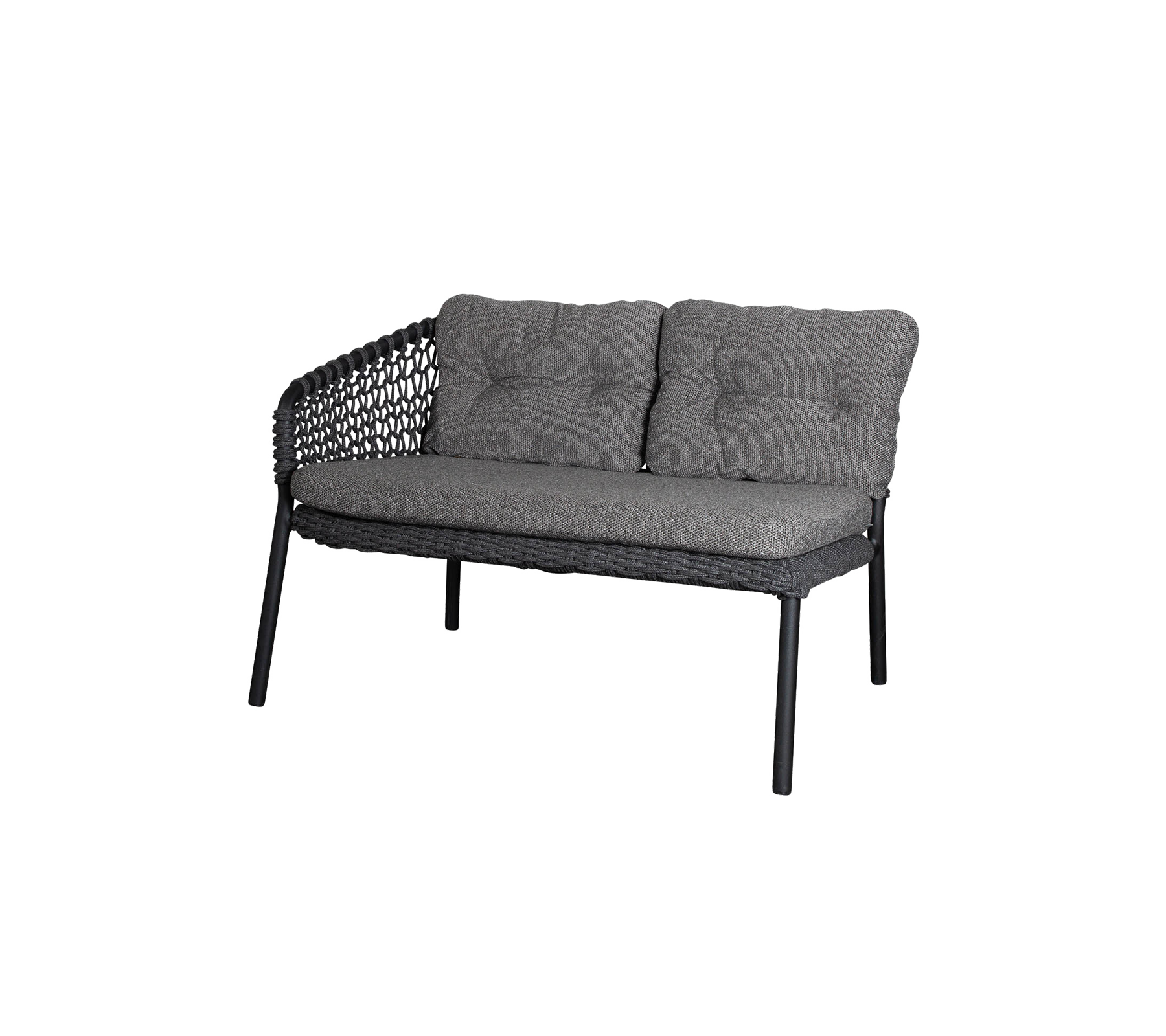 Canapé deux places avec un siège rembourré gris et un dossier tissé élégant, conçu pour le confort et l'esthétique moderne.