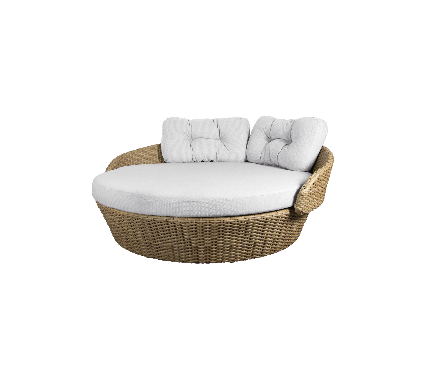 Chaise longue en osier ronde avec un coussin blanc moelleux et deux coussins de dos pour le confort. Idéale pour la détente.