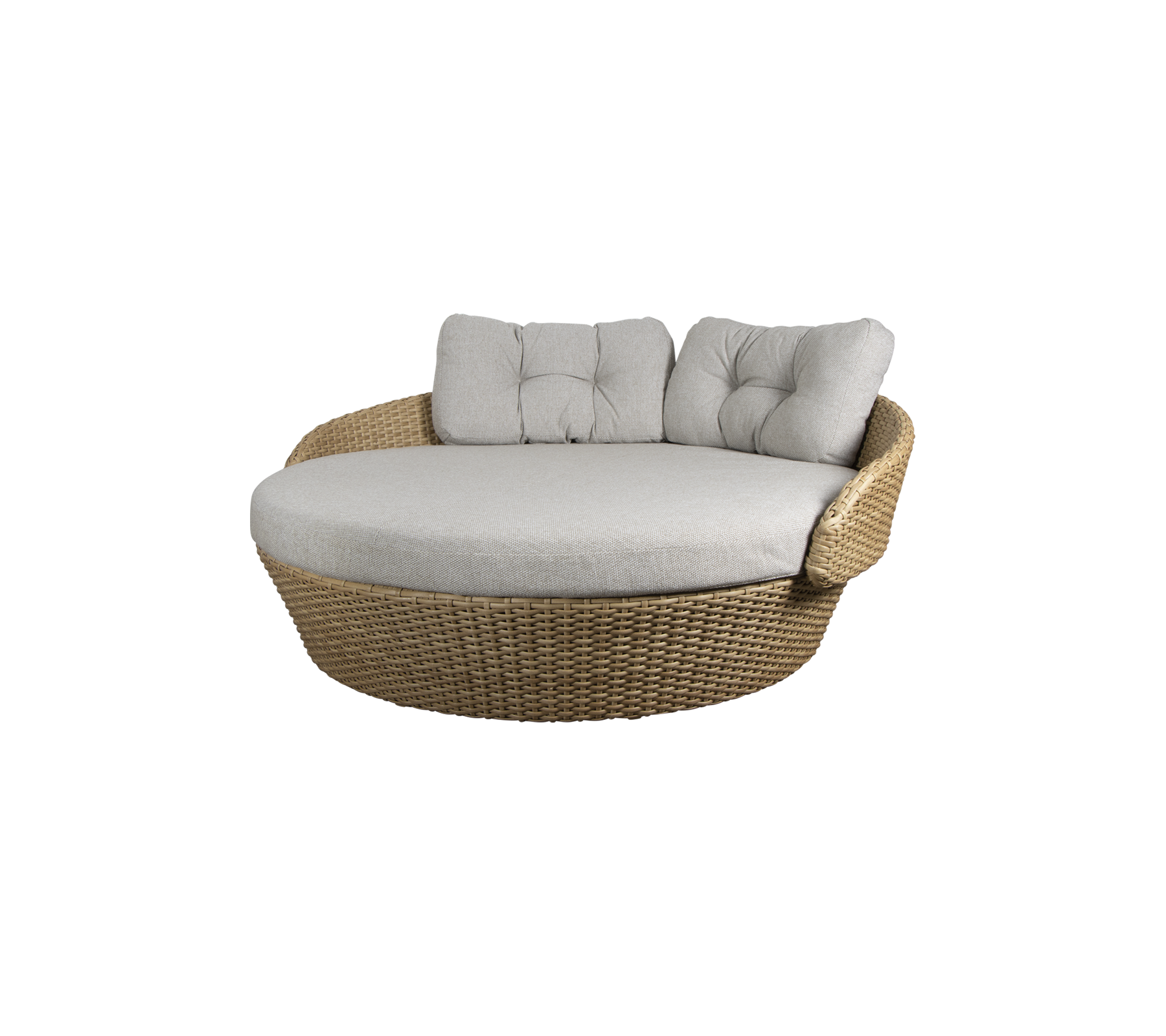 Chaise longue ronde en osier avec des coussins gris doux, conçue pour le confort et la détente. Idéale pour se détendre ou socialiser.