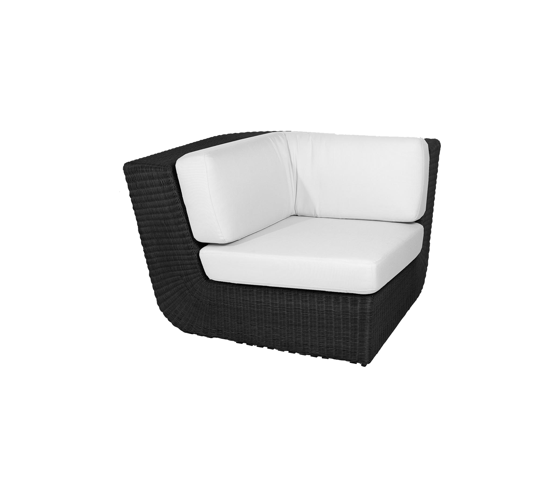 Chaise d'angle élégante avec un design tissé noir épuré et des coussins blancs confortables, parfaite pour des aménagements modernes.