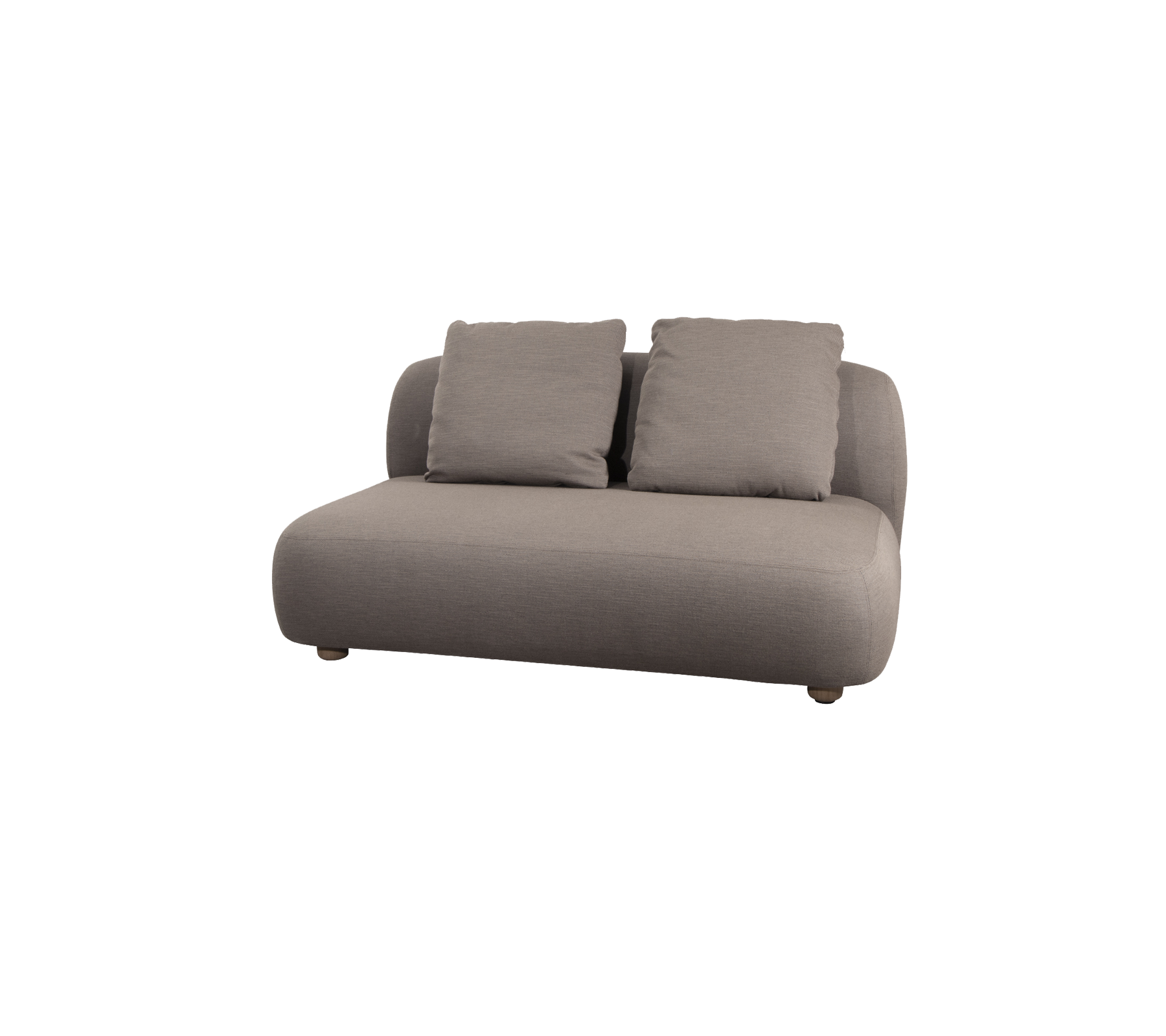 Canapé moderne et confortable en tissu gris doux avec deux coussins moelleux, présentant des bords arrondis pour un look contemporain.