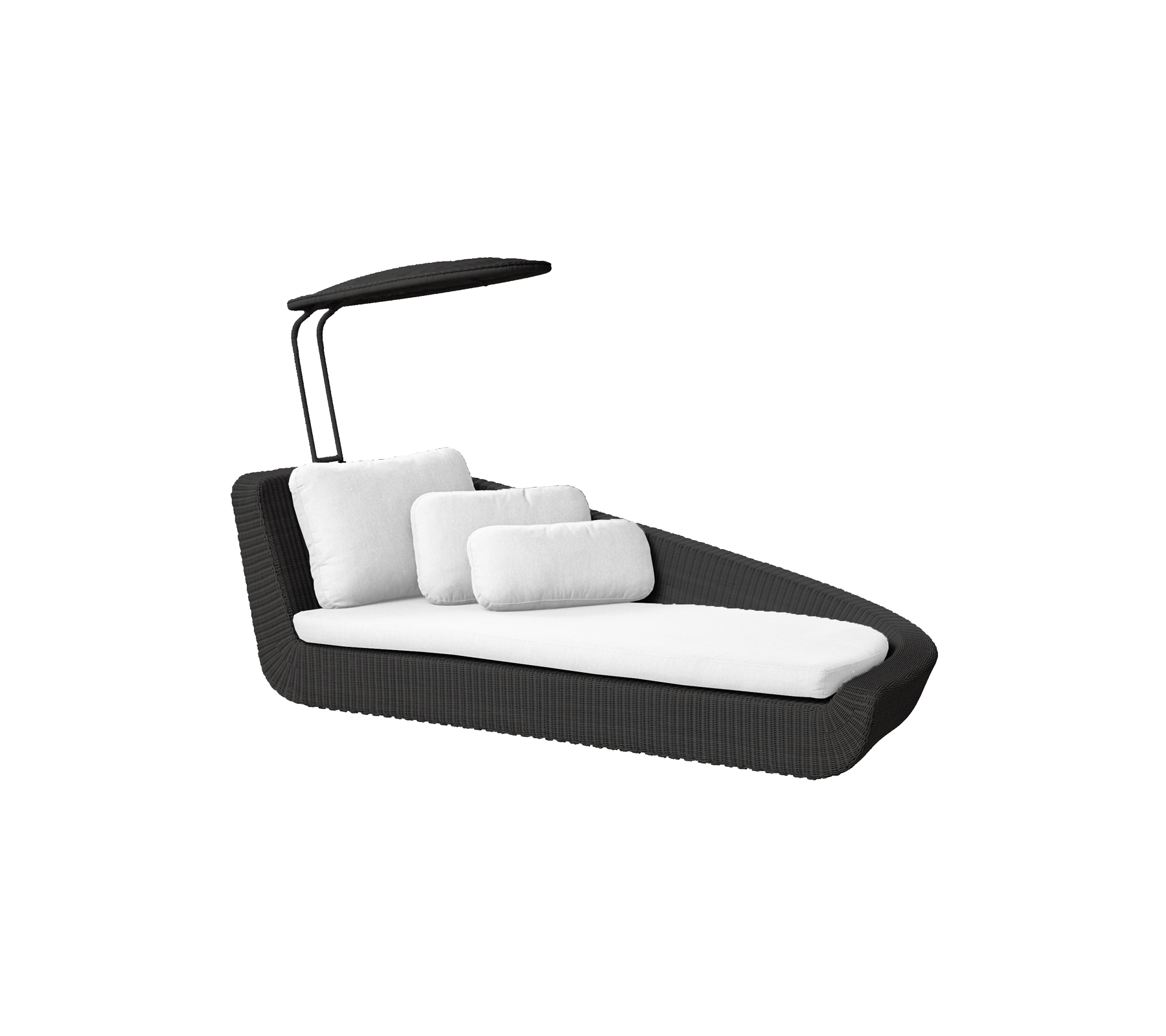 Chaise longue noire élégante avec coussins blancs et un auvent réglable pour l'ombre et le confort. Parfaite pour la détente.