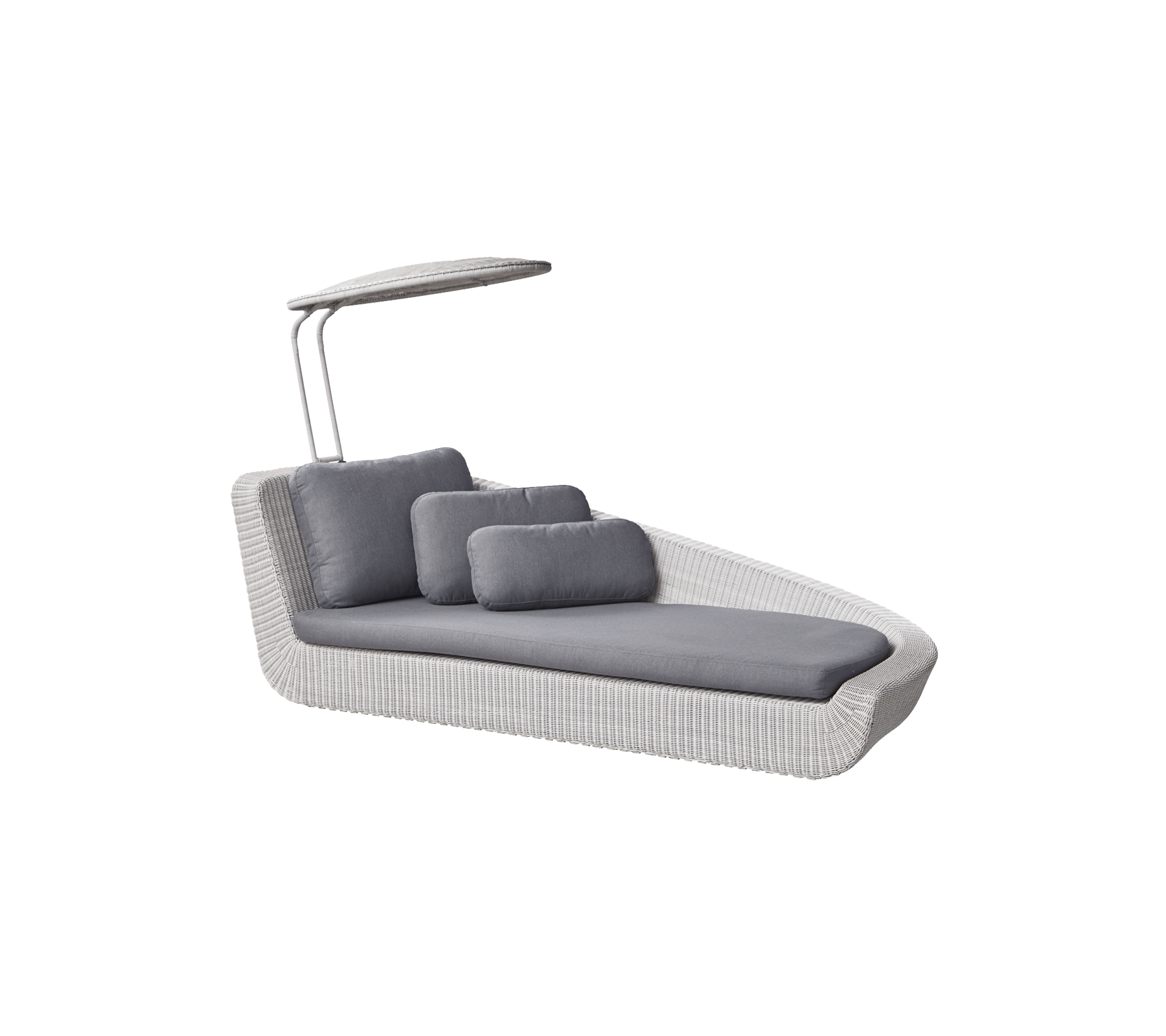 Fauteuil lounge élégant avec un design épuré, équipé de coussins gris et d'une canopée de protection pour plus de confort. Parfait pour la détente.