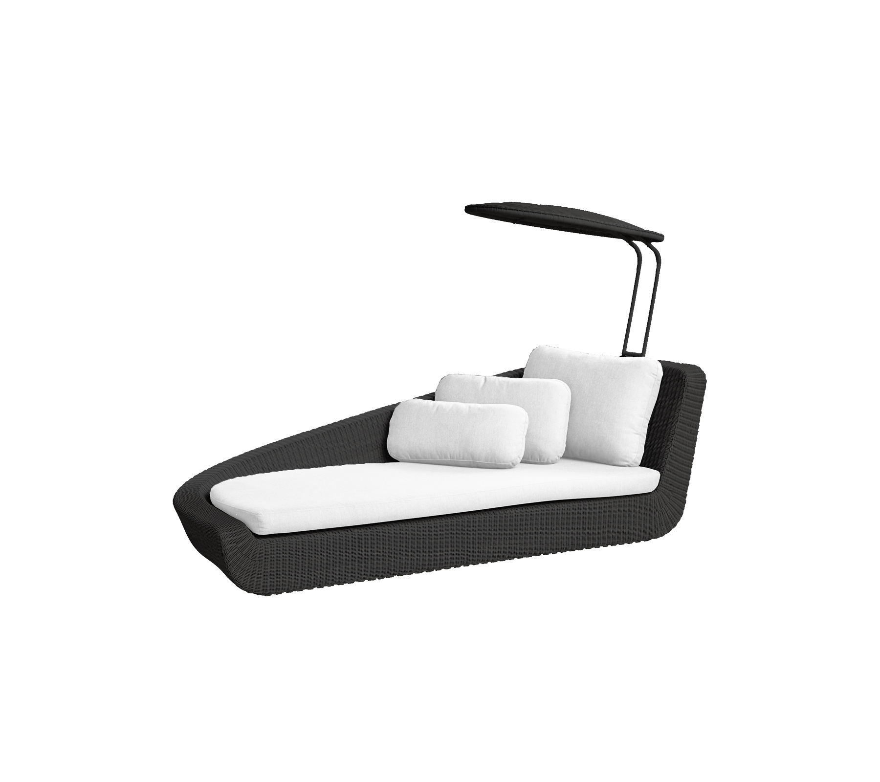 Chaise longue élégante pour extérieur au design épuré, dotée de coussins blancs moelleux et d'un auvent protecteur pour le confort et la détente.