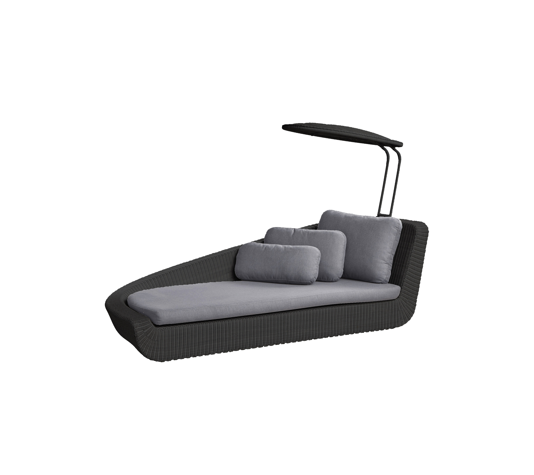 Fauteuil lounge élégant au design moderne, avec un auvent et de moelleux coussins gris pour le confort et la détente.