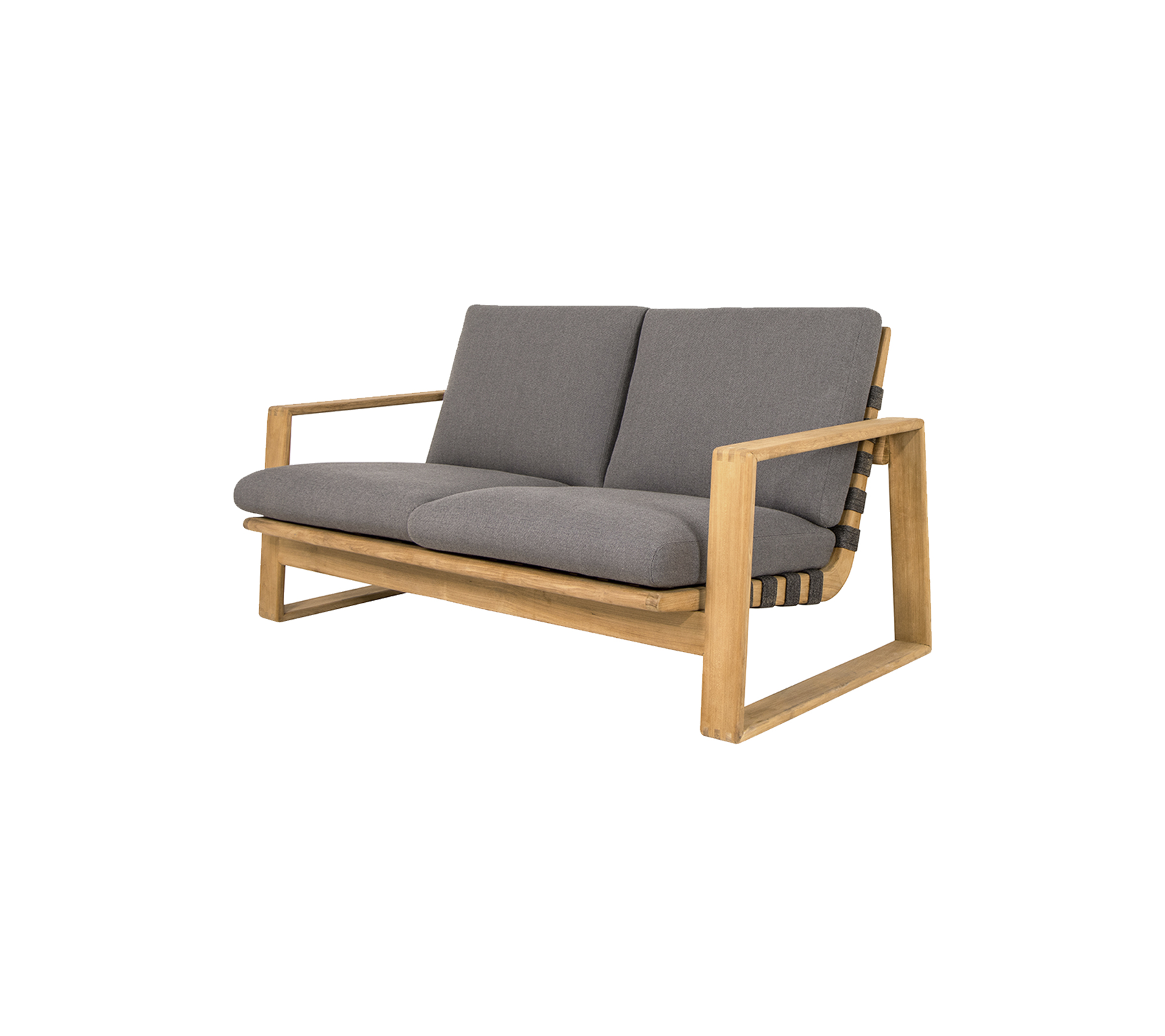 Canapé deux places avec un cadre en bois clair et des coussins gris, au design moderne et offrant un confort d'assise.