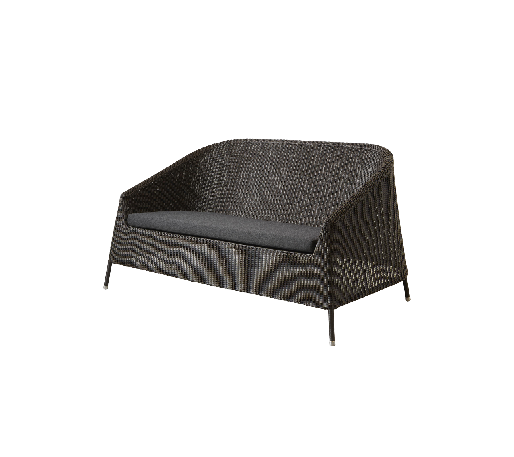 Canapé deux places élégant avec un extérieur tissé et un coussin gris confortable, parfait pour la détente et les rassemblements en plein air.