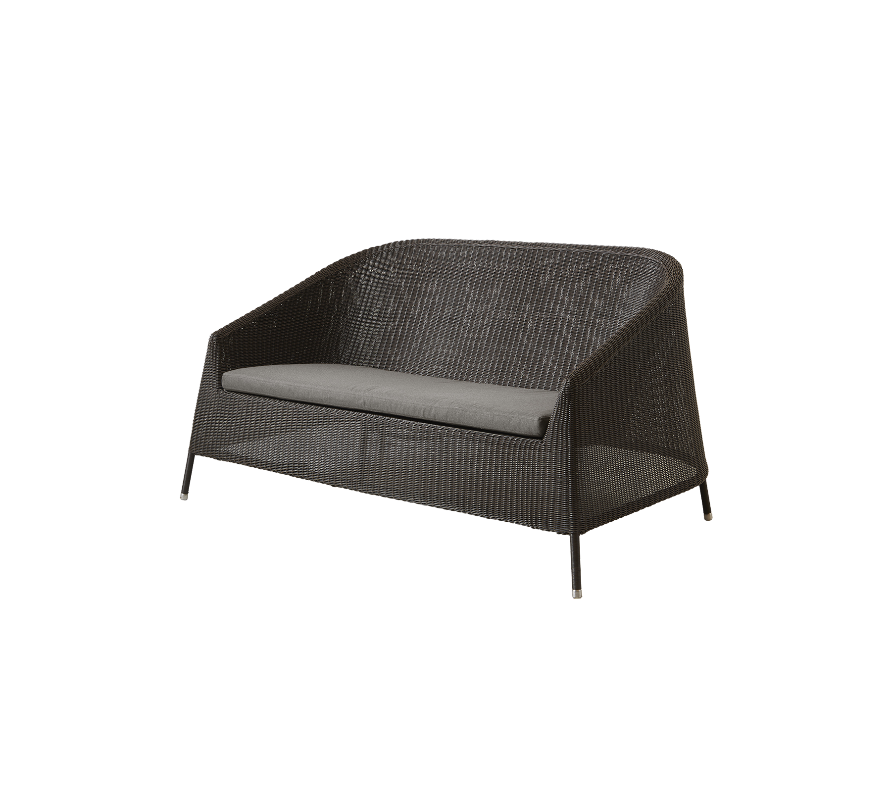 Canapé deux places élégant avec un design tissé durable et un coussin gris, parfait pour la détente et le confort en extérieur.