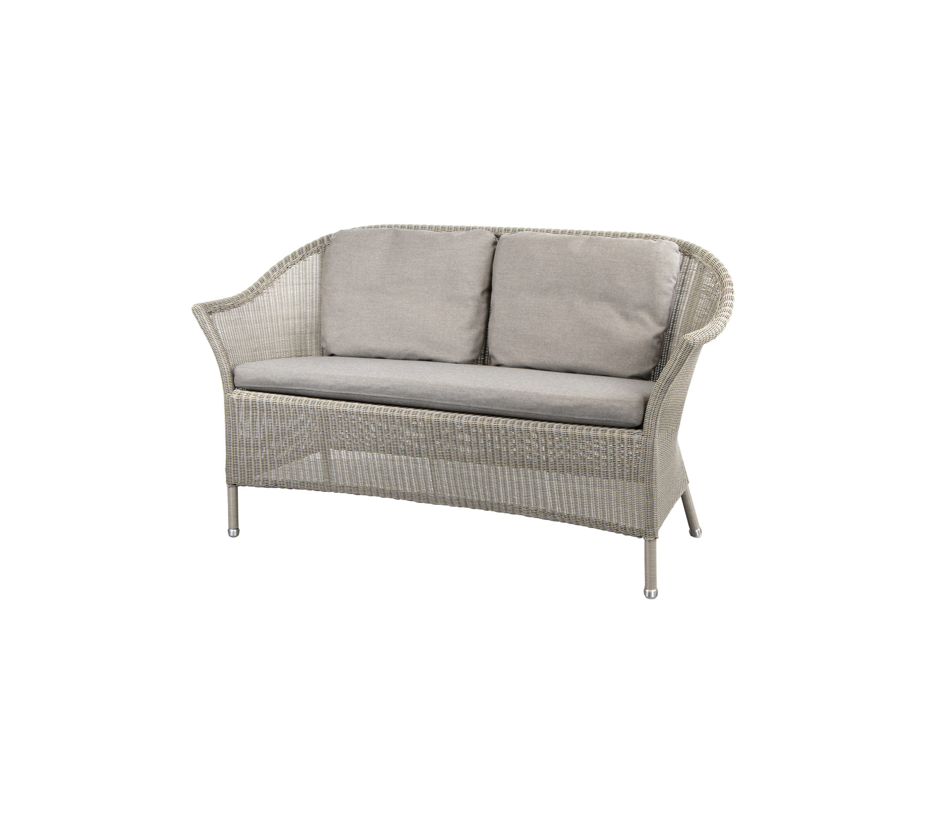Un canapé deux places élégant avec un cadre tressé et de doux coussins gris, parfait pour des options d'assise confortables.