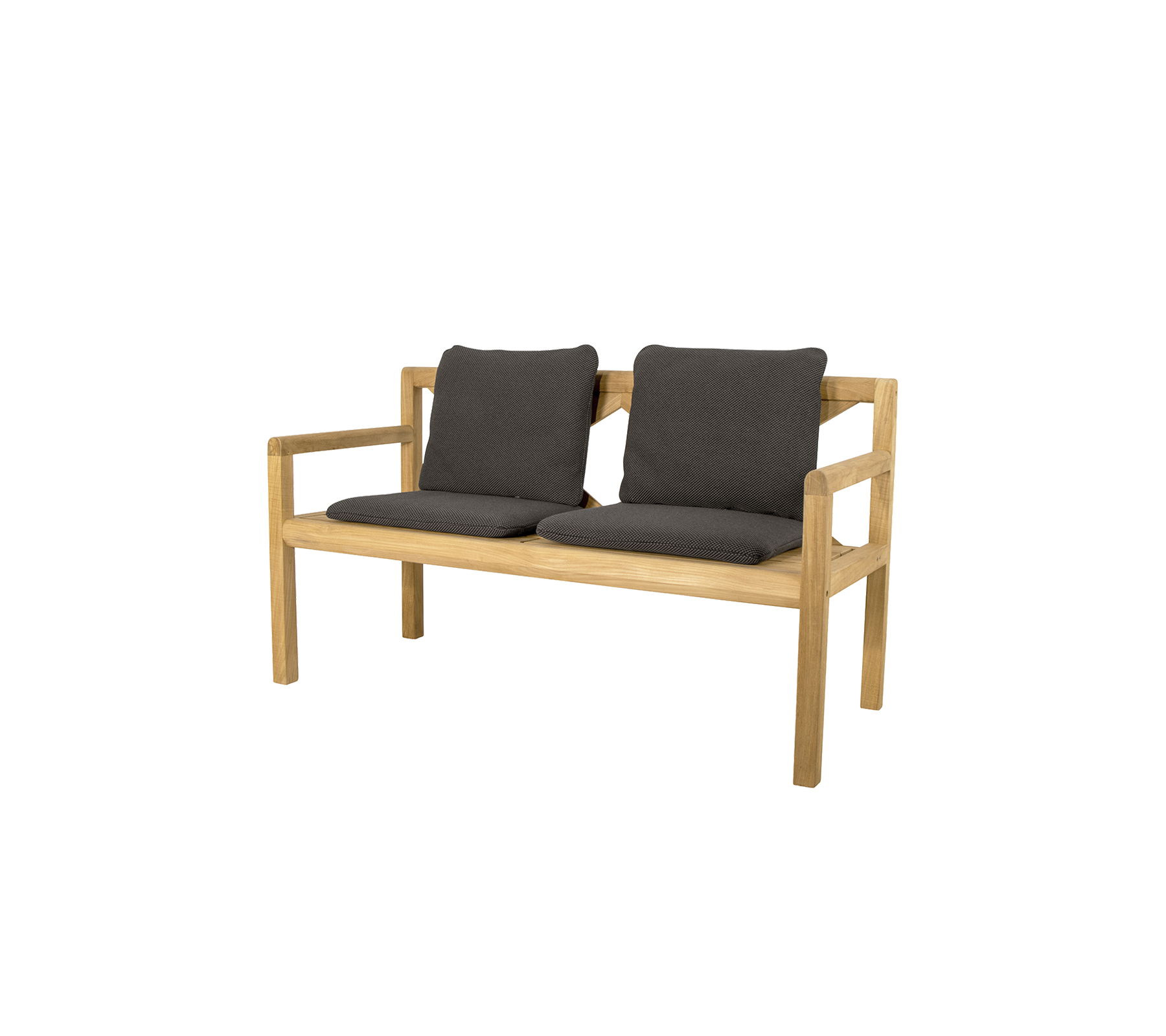 Banc en bois pour deux personnes avec des coussins gris foncé confortables, présentant un design simple et moderne. Idéal pour des assises décontractées.
