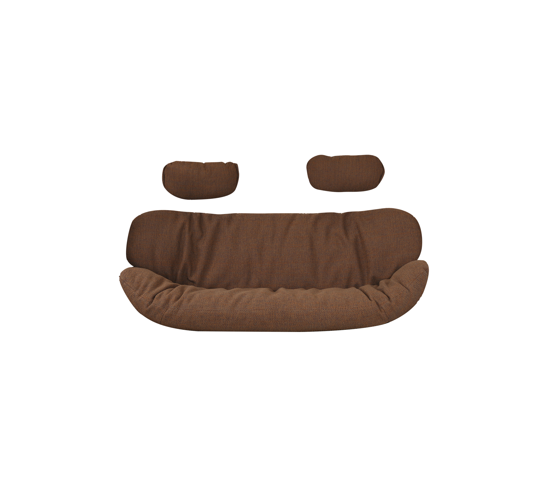 Canapé en tissu brun avec deux coussins assortis, ayant un design incurvé et accueillant. Idéal pour des assises confortables.