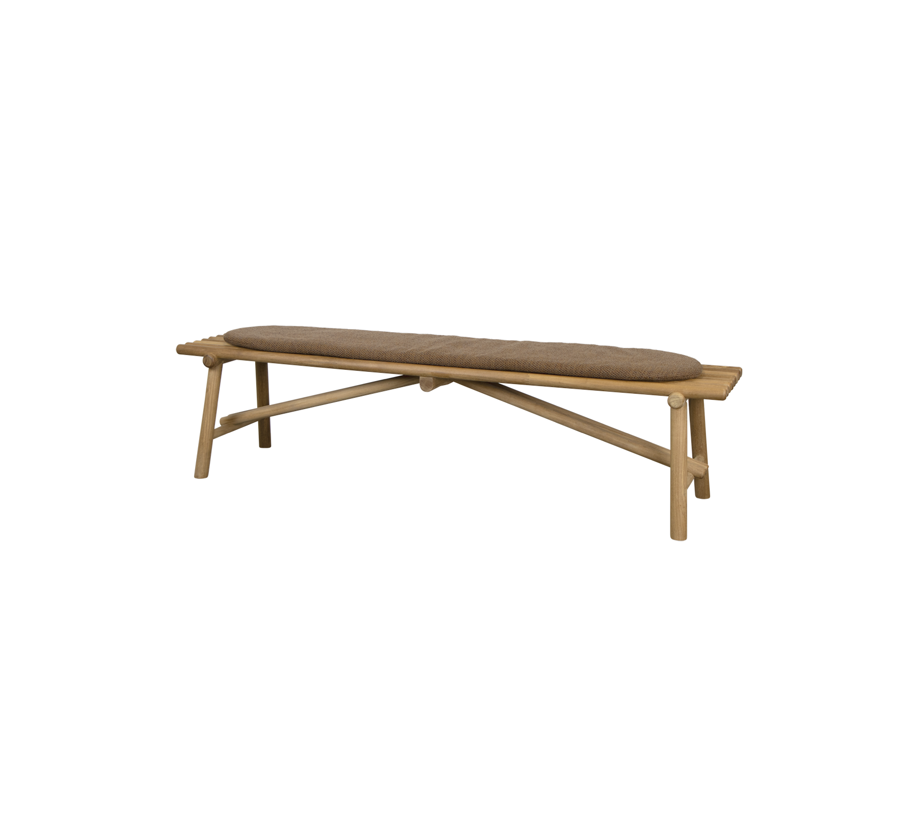Banc en bois avec un siège incurvé et un design de pieds croisés, offrant une solution d'assise élégante et minimaliste.
