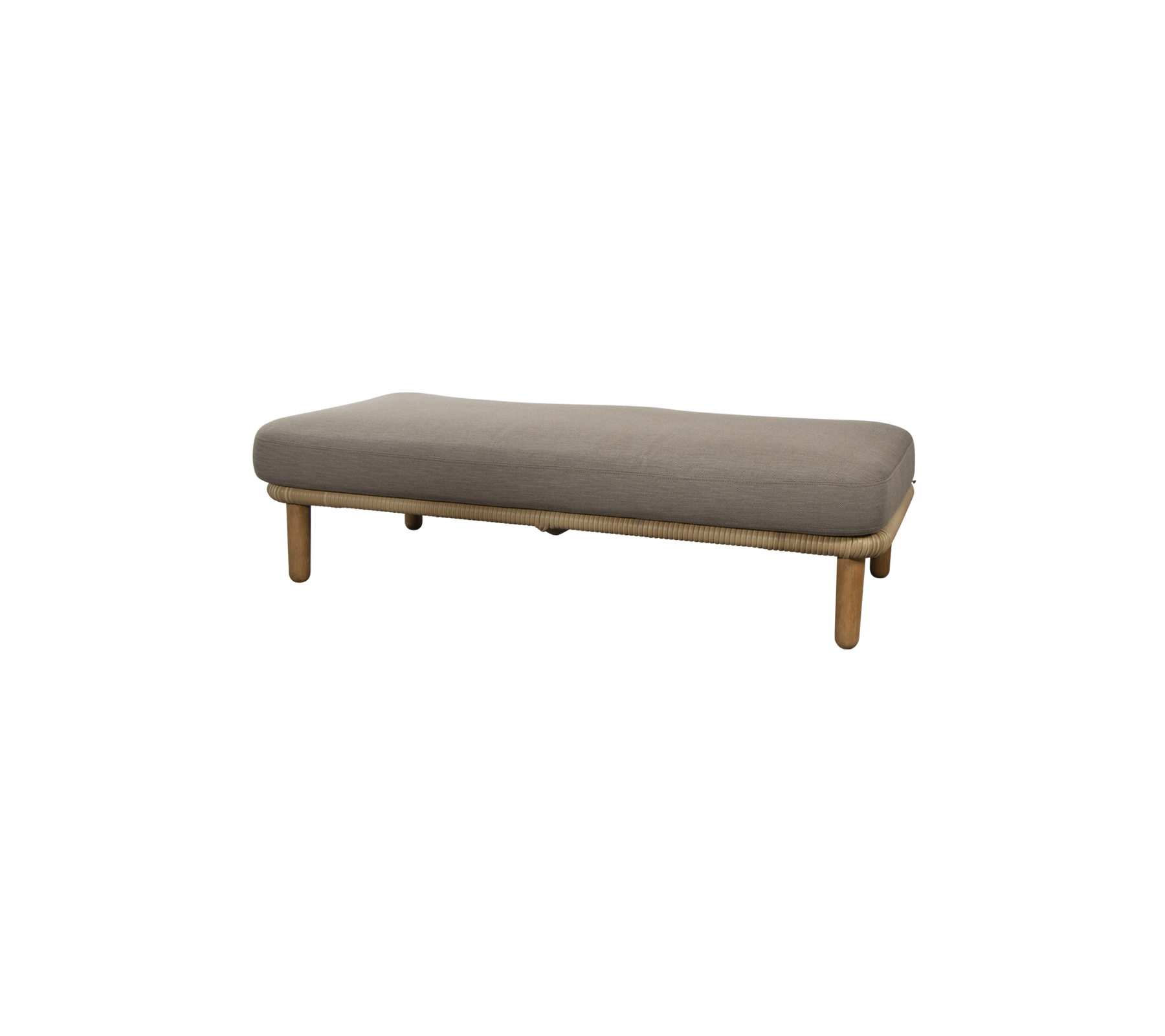Banc minimaliste avec un coussin gris élégant et des pieds en bois naturel, idéal pour un siège polyvalent dans divers espaces.