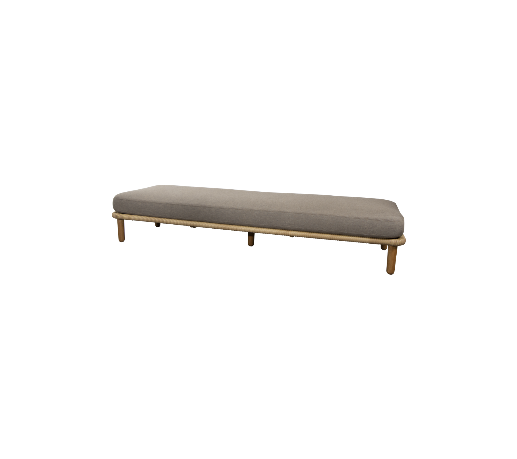 Un banc élégant et minimaliste avec un coussin gris lisse et des pieds en bois, conçu pour un seating polyvalent dans divers espaces.