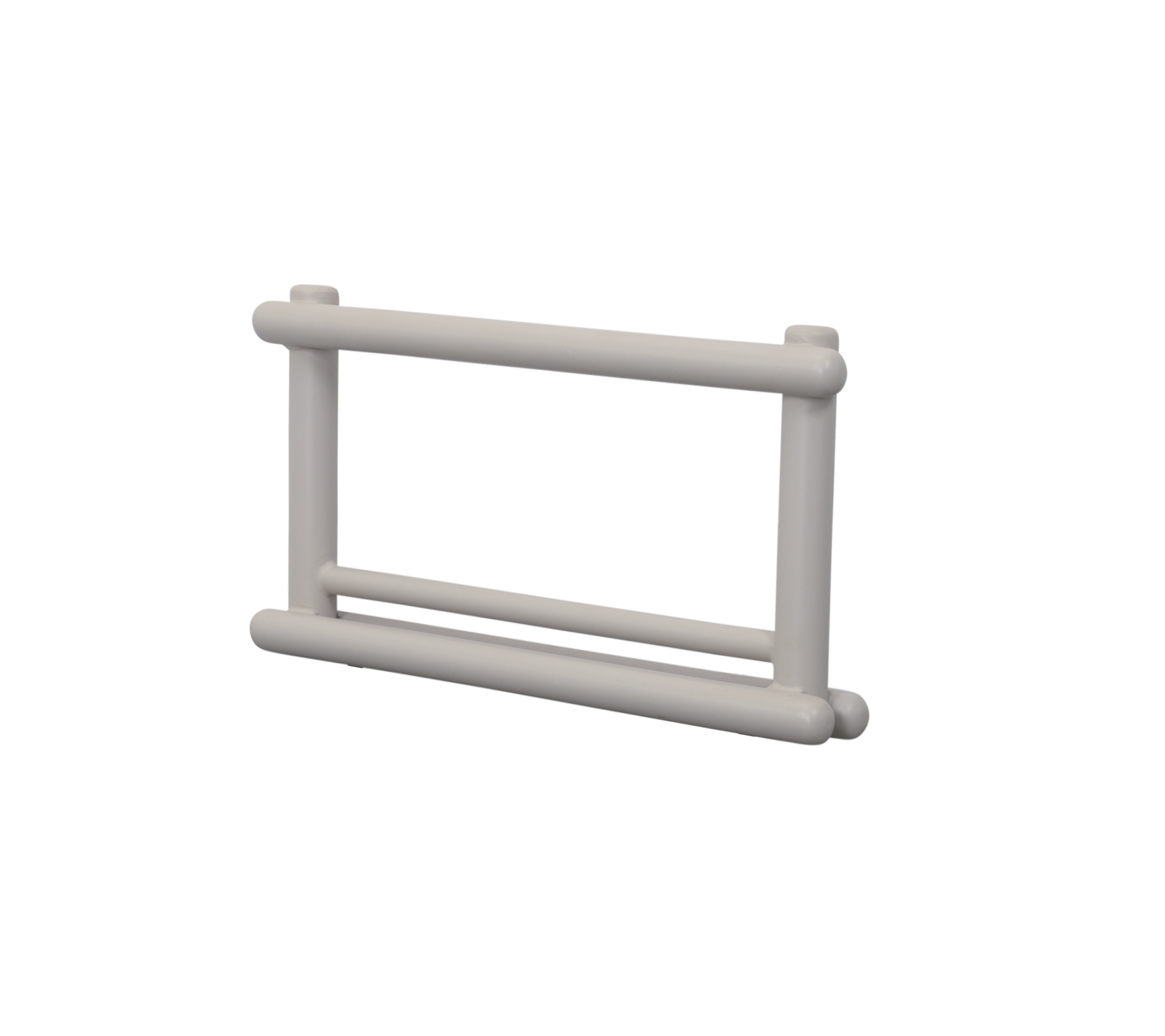 Un accoudoir rectangulaire simple avec deux barres horizontales, conçu pour diverses applications. Léger et dans une couleur neutre.