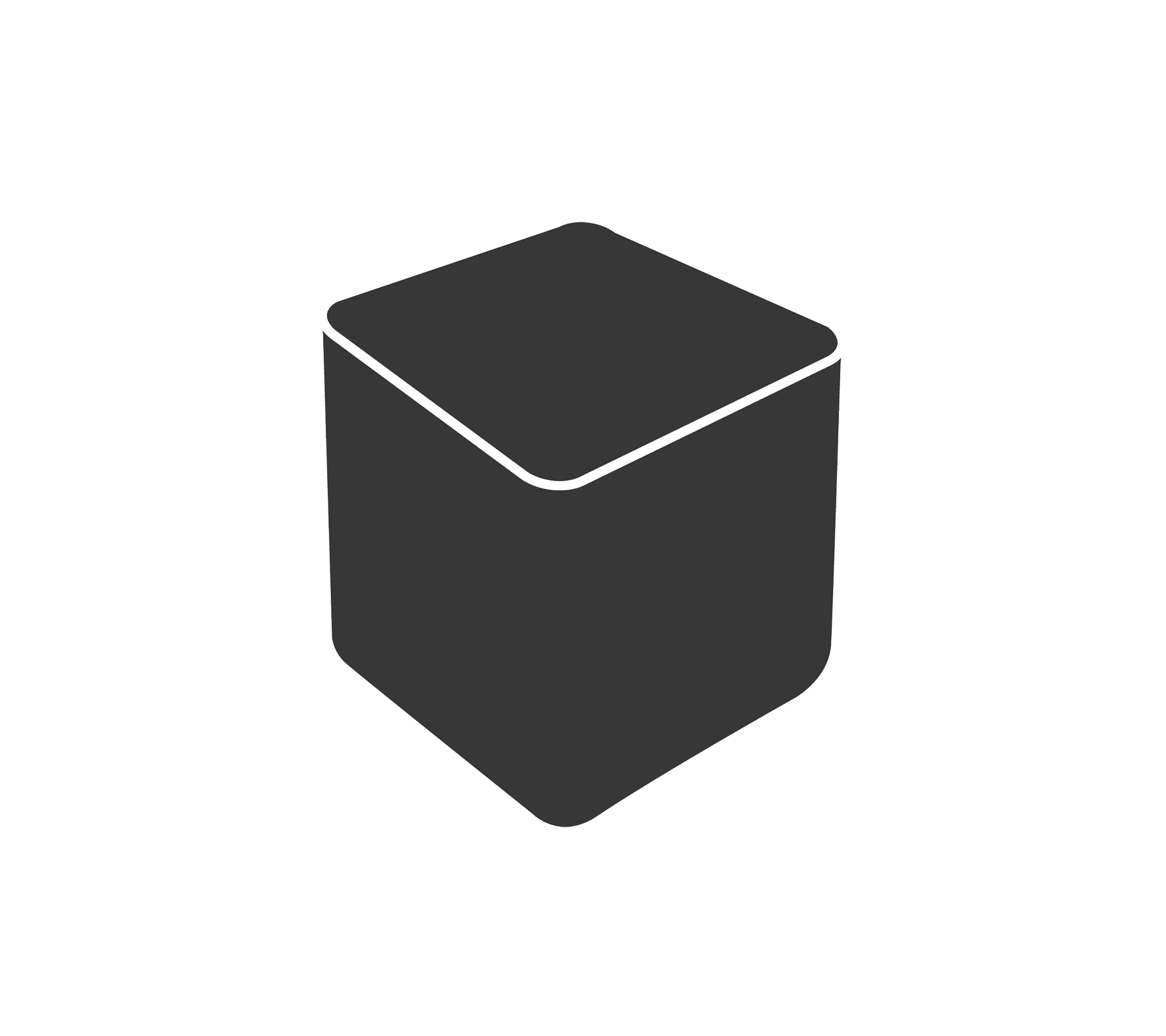 Un cube simple, de couleur sombre, avec des bords arrondis et une surface lisse, présentant un sommet légèrement surélevé.