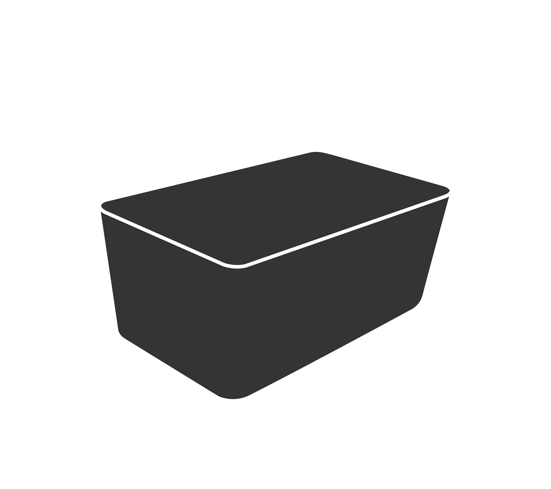 Un simple conteneur noir rectangulaire avec un couvercle plat, adapté au stockage ou à l'organisation.
