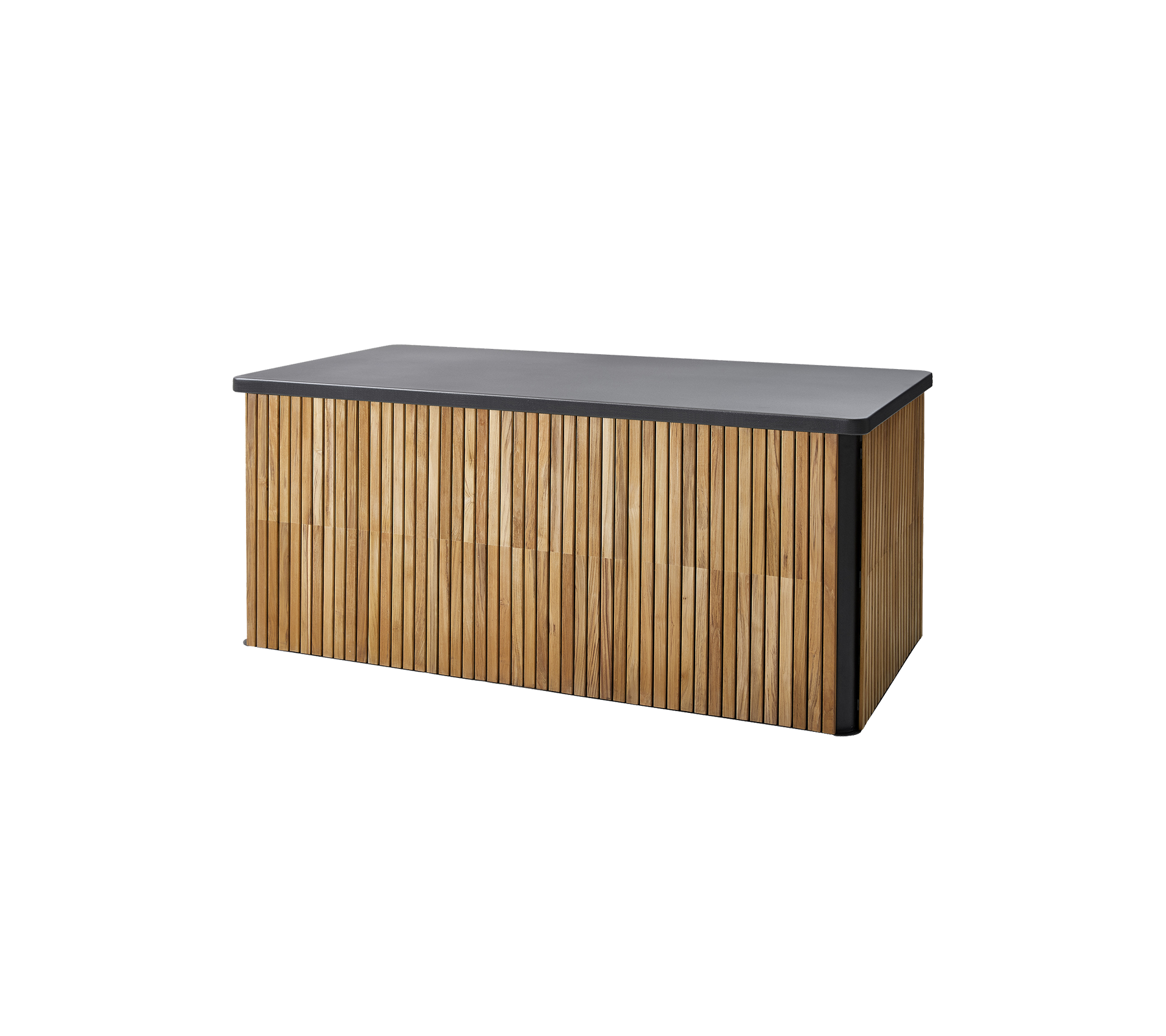 Banc de rangement élégant avec un dessus sombre et un design en bois à lattes verticales pour une esthétique moderne. Idéal pour un usage polyvalent.