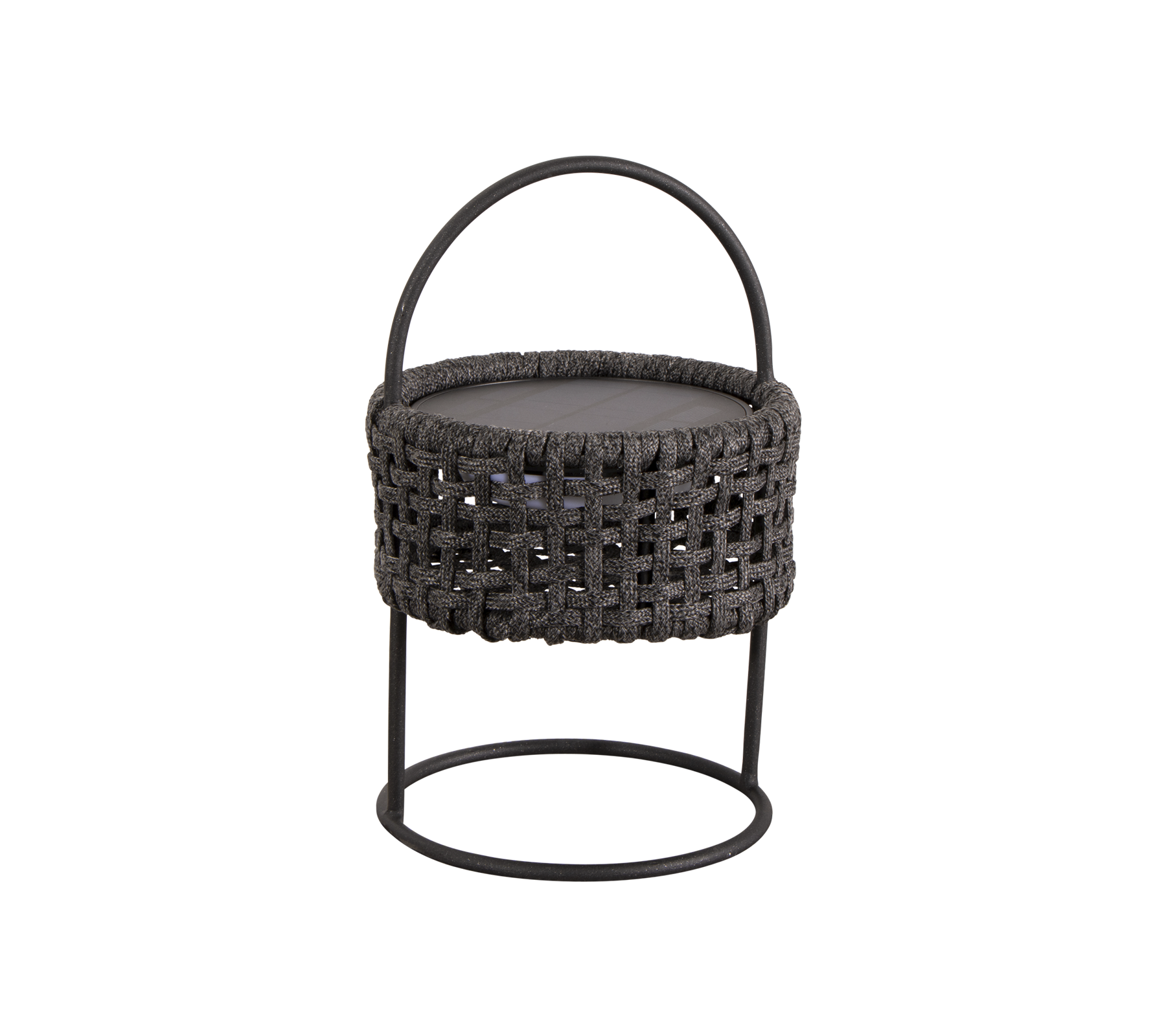 Tabouret tissé avec un siège rond et une poignée, doté d'un cadre en métal robuste et d'un design moderne et élégant.