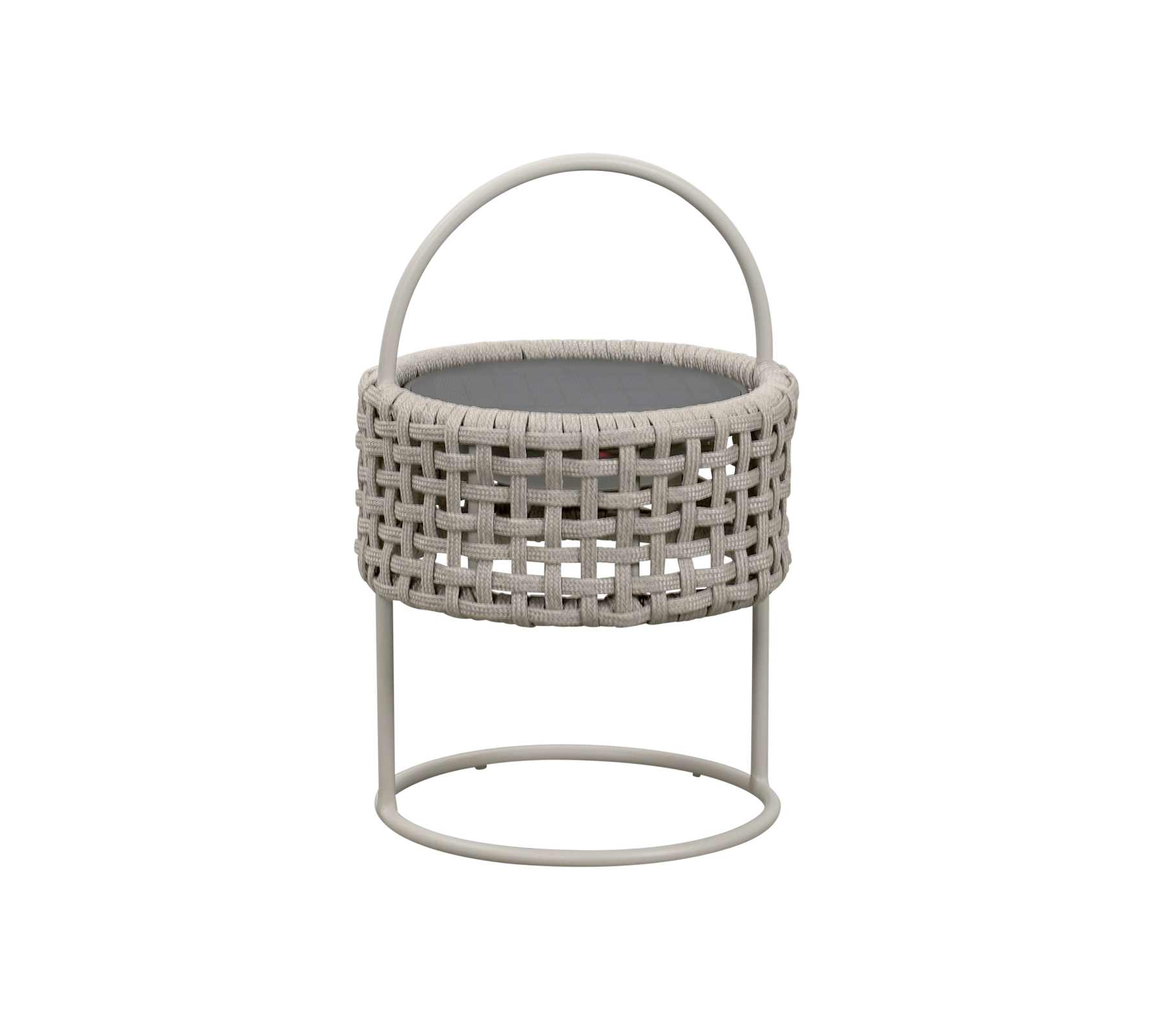 Panier rond tissé avec une poignée, reposant sur un support en métal minimaliste, parfait pour le rangement ou un usage décoratif.
