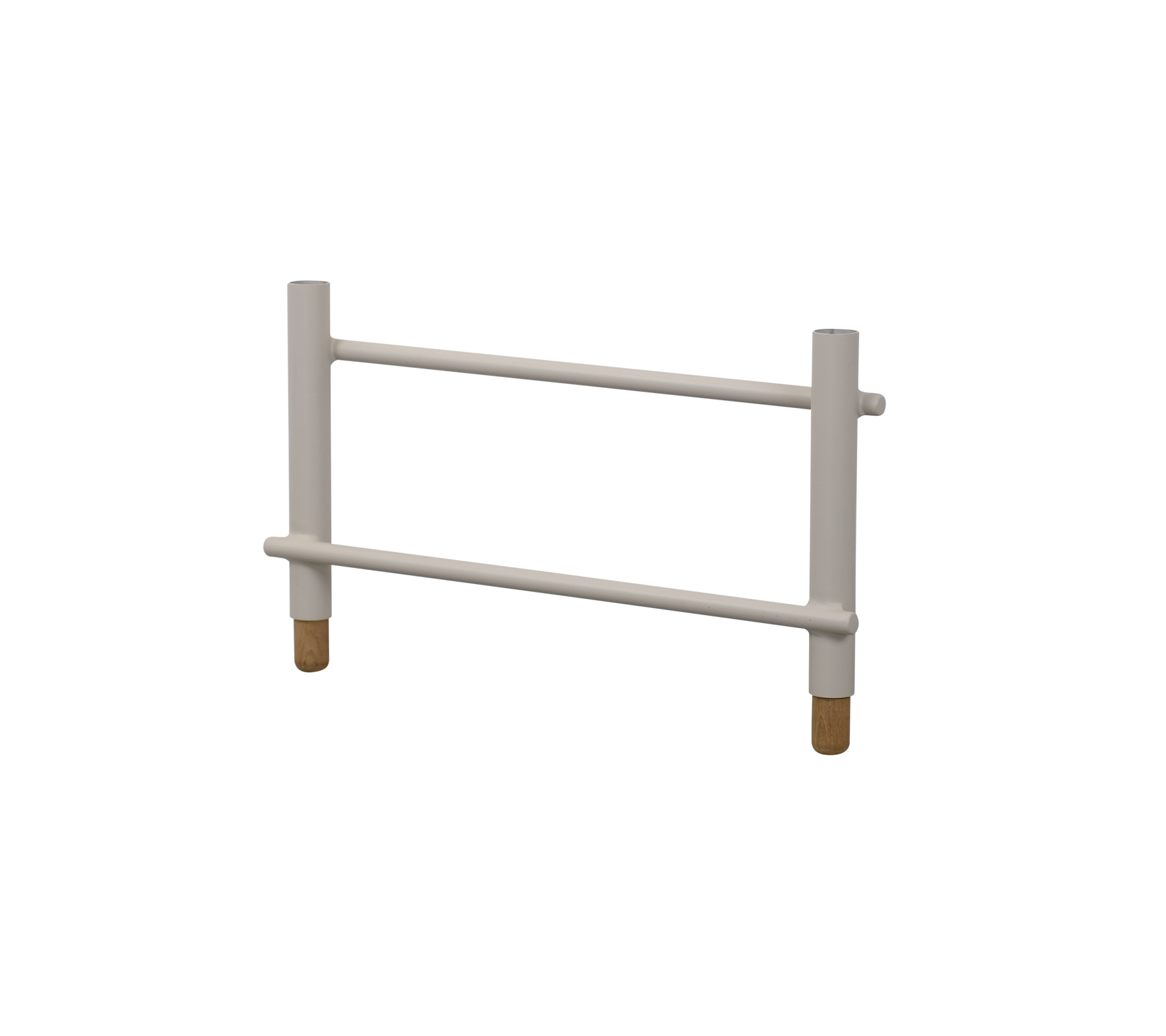 Cadre de support blanc avec deux barres horizontales et quatre pieds cylindriques, conçu pour la stabilité et l'accessibilité.