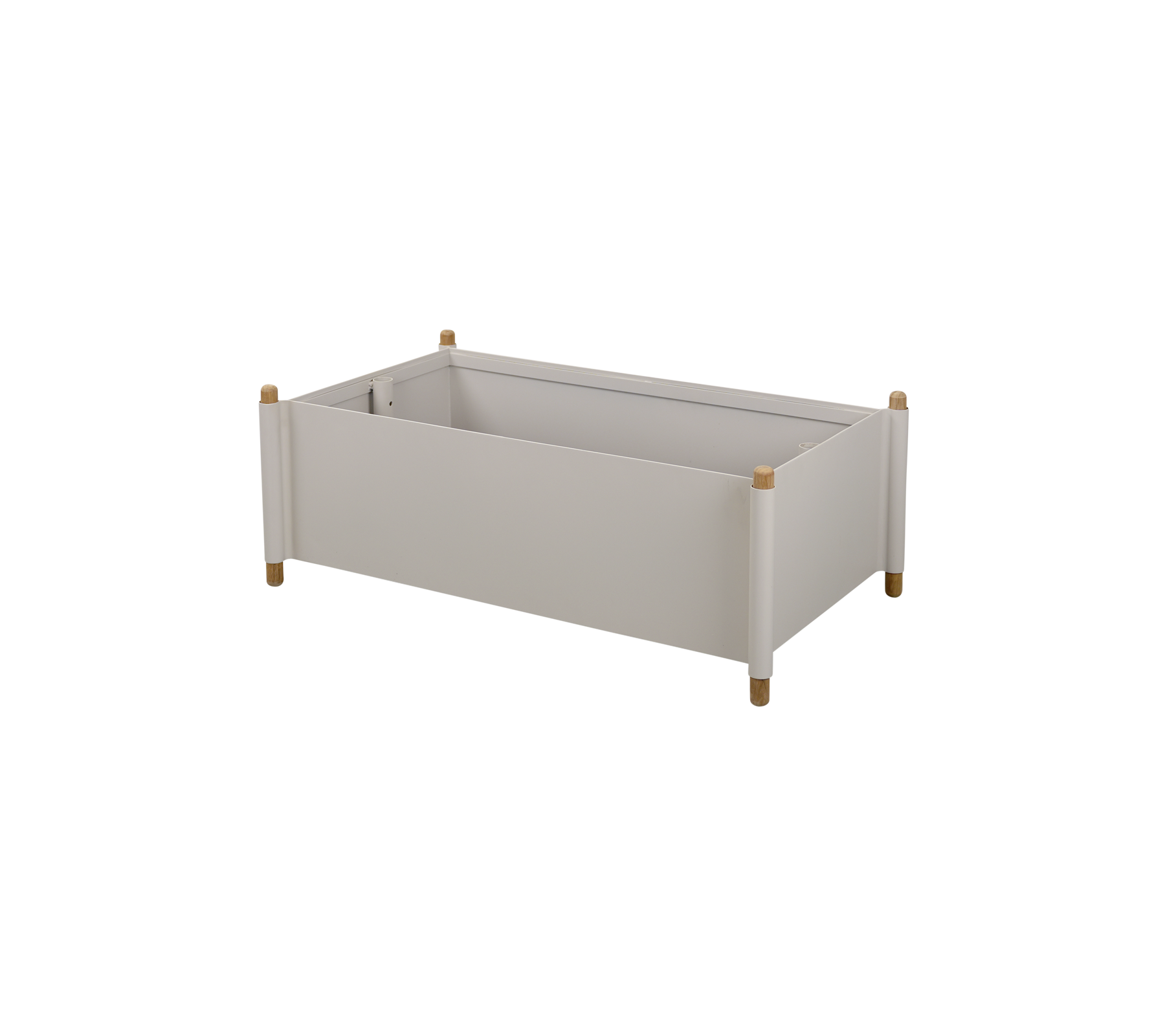 Boîte de rangement gris clair avec des pieds en bois et un design minimaliste, adaptée à l'organisation de divers objets.