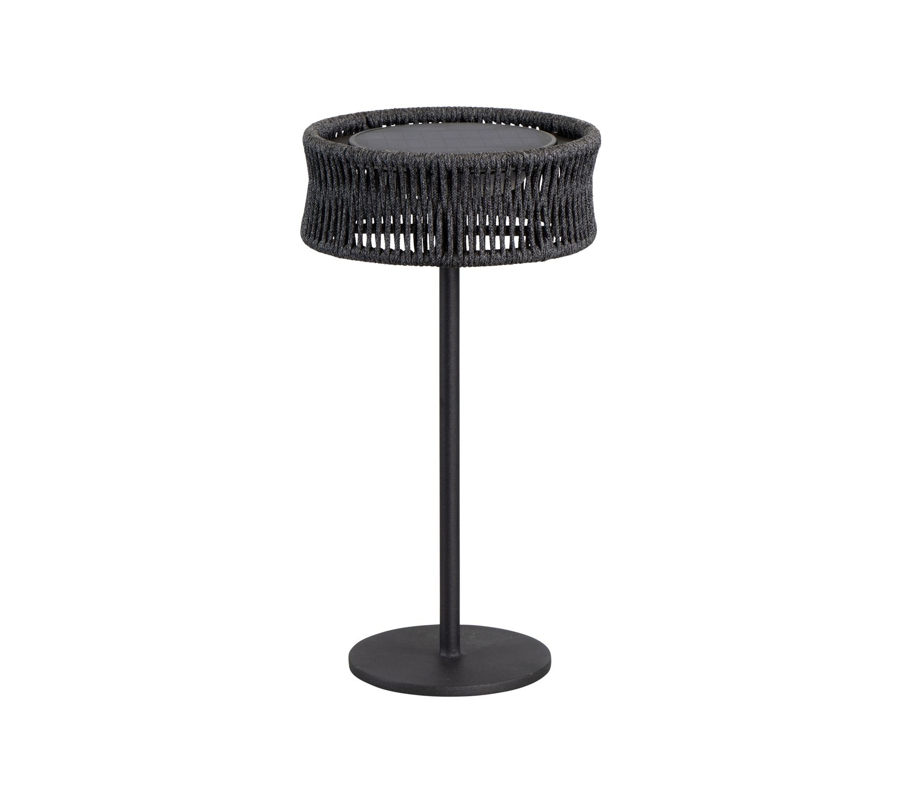Une table moderne et élégante avec un plateau rond et une texture tissée, soutenue par une simple base en métal noir.