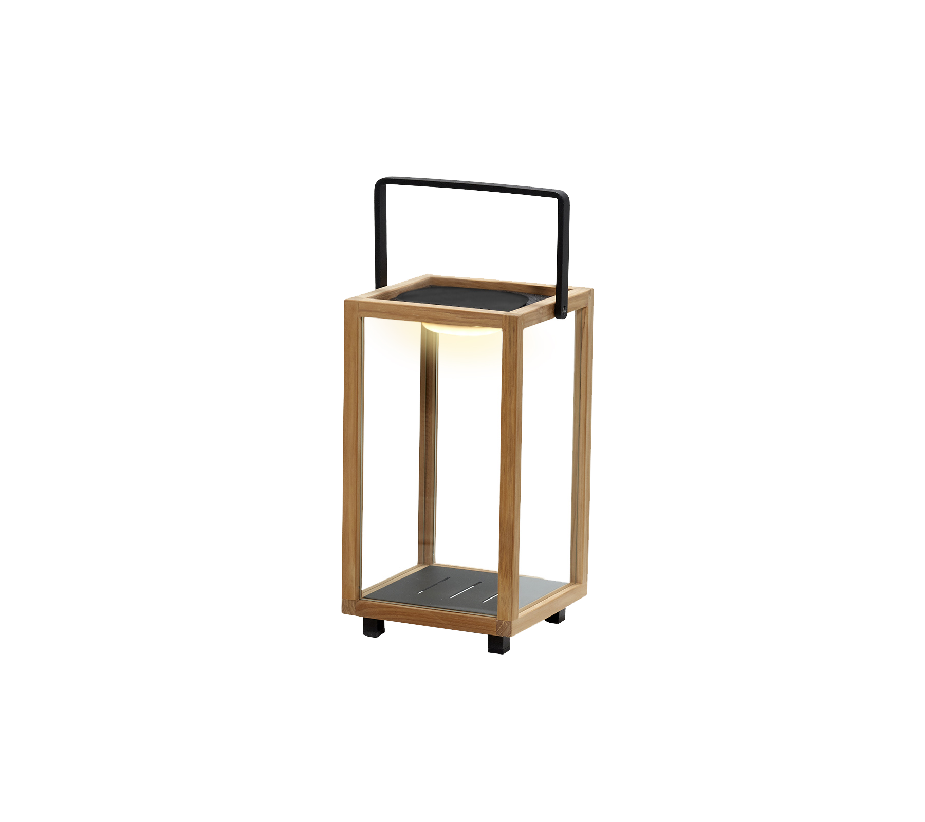 Une lanterne élégante en bois et en métal, équipée d'une lumière LED intégrée dans le design, parfaite pour ajouter une ambiance.