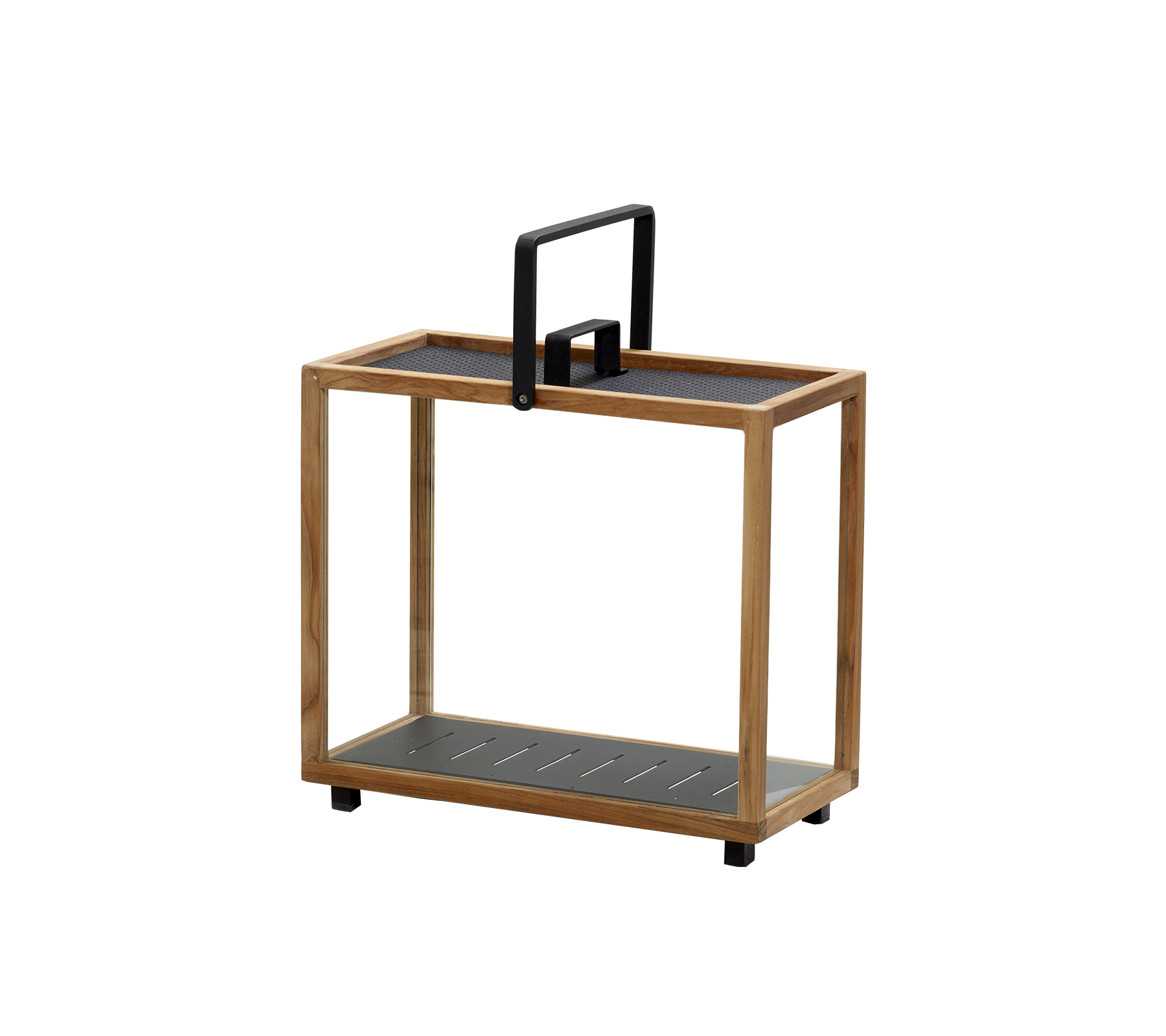 Chariot de service en bois avec une poignée noire et deux étagères, conçu pour un transport facile et un stockage polyvalent. Idéal pour organiser les objets.