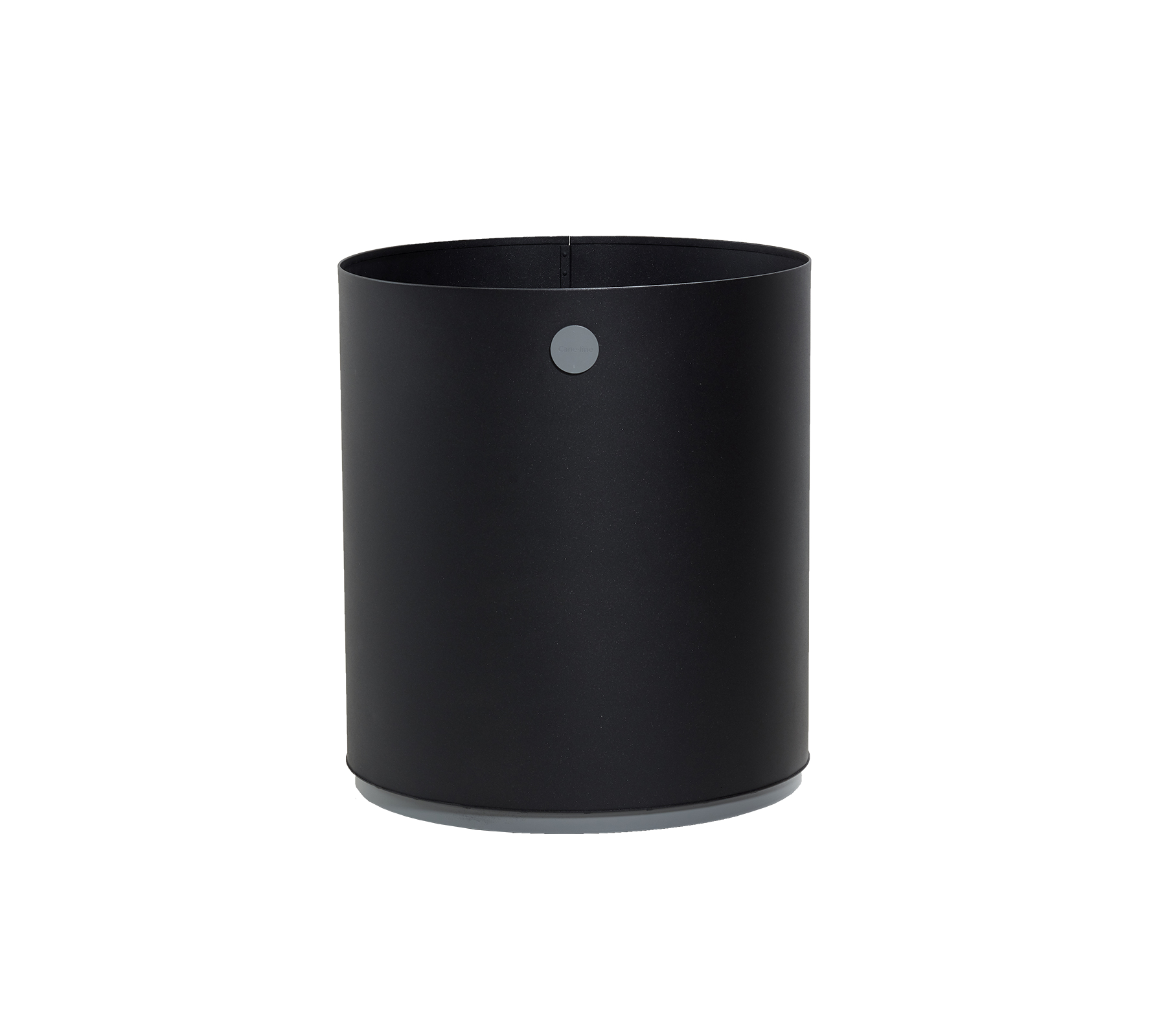 Conteneur cylindrique noir avec une finition mate lisse et un petit détail circulaire sur le côté, idéal pour divers besoins de stockage.