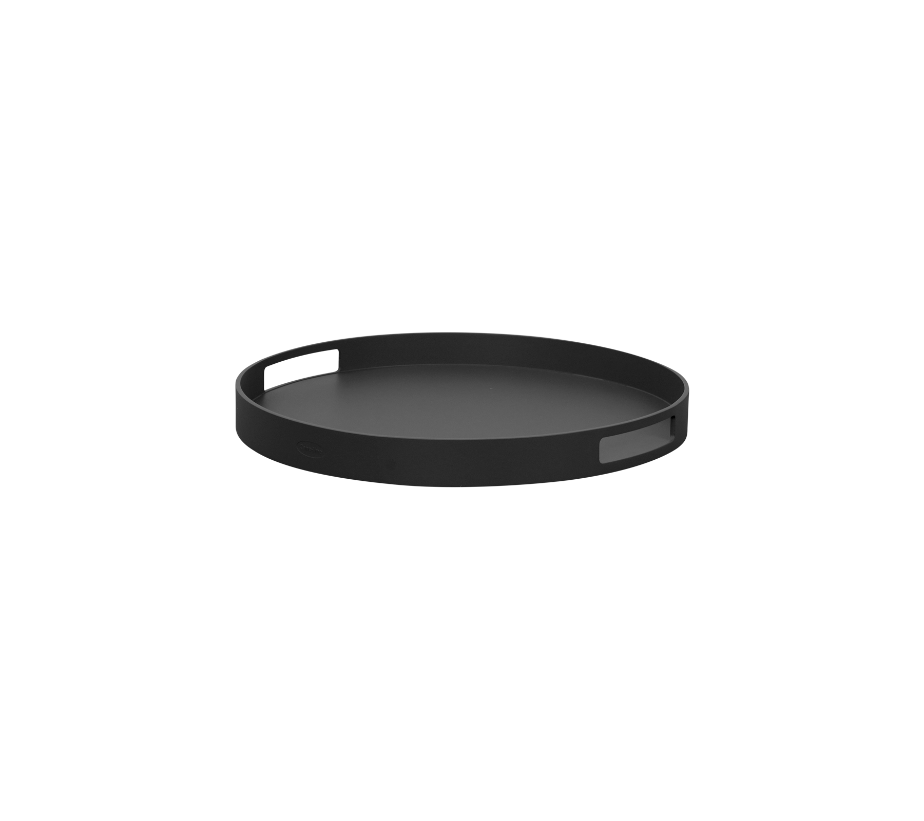 Plateau circulaire noir avec une surface lisse et une poignée subtile pour un levage facile, idéal pour servir ou organiser des objets.