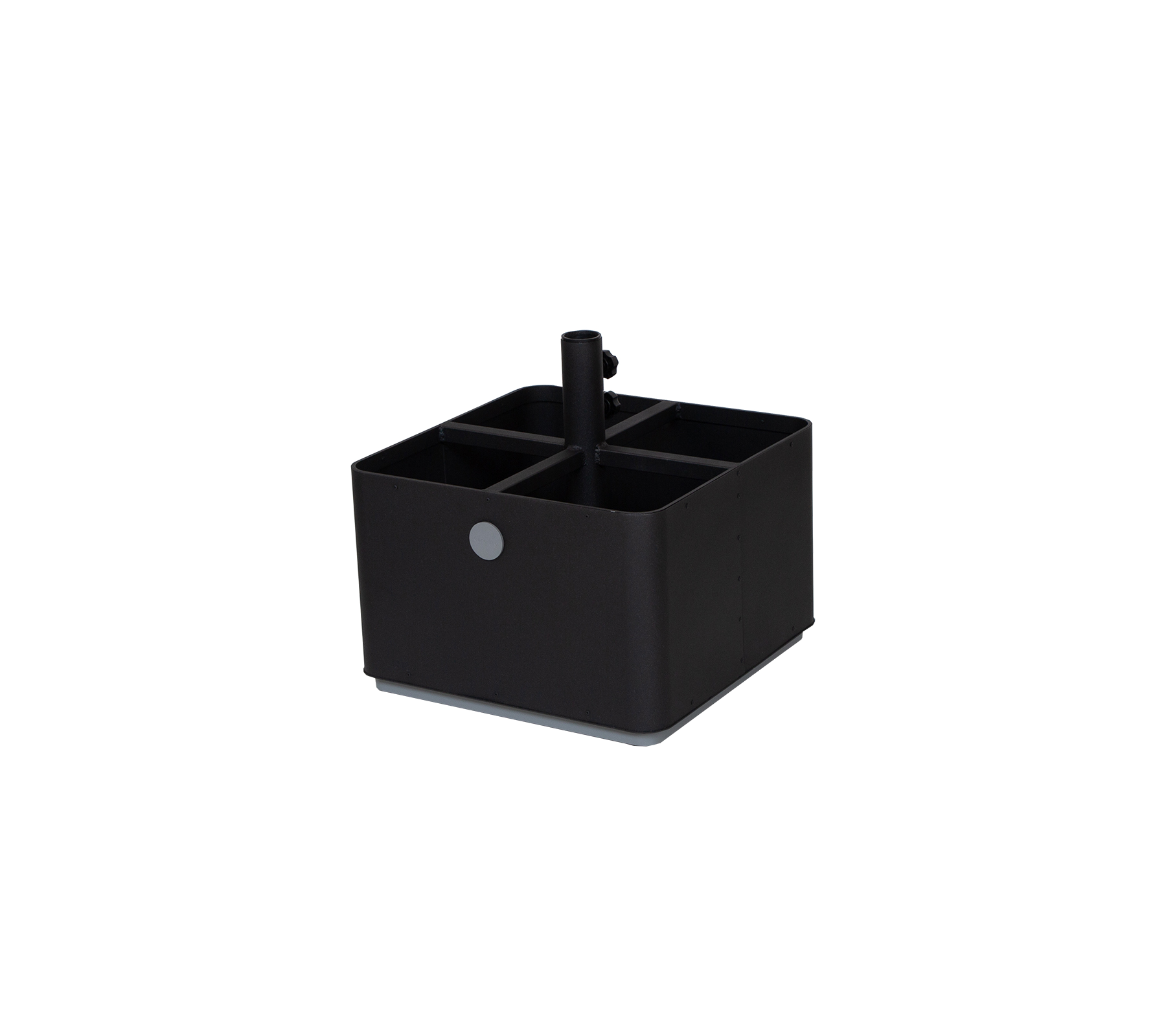 Organisateur de rangement noir avec plusieurs compartiments et un séparateur central pour divers articles de bureau ou de maison.
