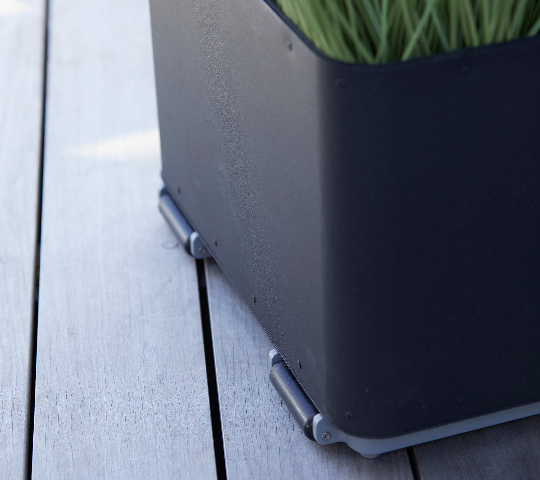 Boîte à plantes noire au design épuré, avec de l'herbe verte et des connecteurs en argent posés sur une surface en bois.