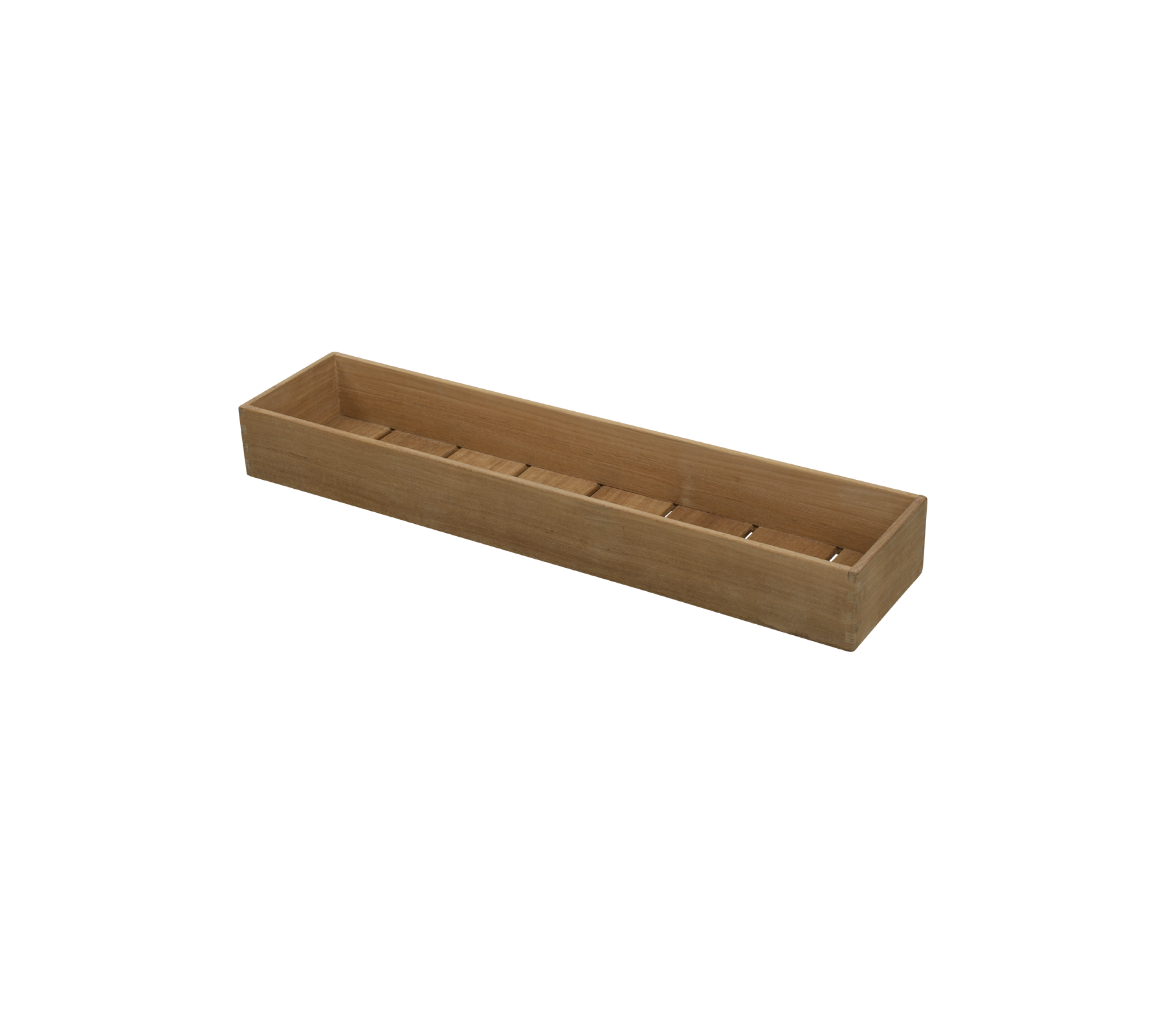 Plateau de rangement en bois avec plusieurs compartiments pour organiser les objets, avec un design long et rectangulaire.